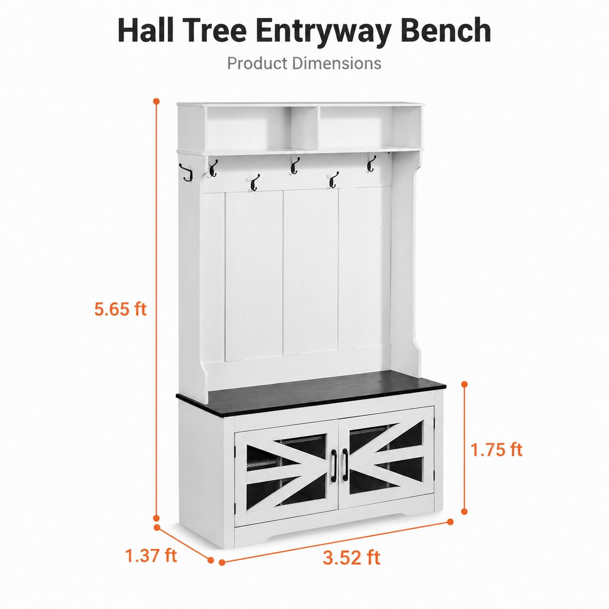 RYHNUYNE 42 in Hall Tree Entryway Bench, Coat Rack with Shoe Storage ...