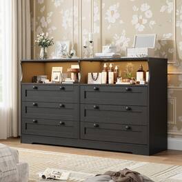 Acekool - 6 Drawer Large Wooden Dresser, with LED Light and Power Outlet - Black