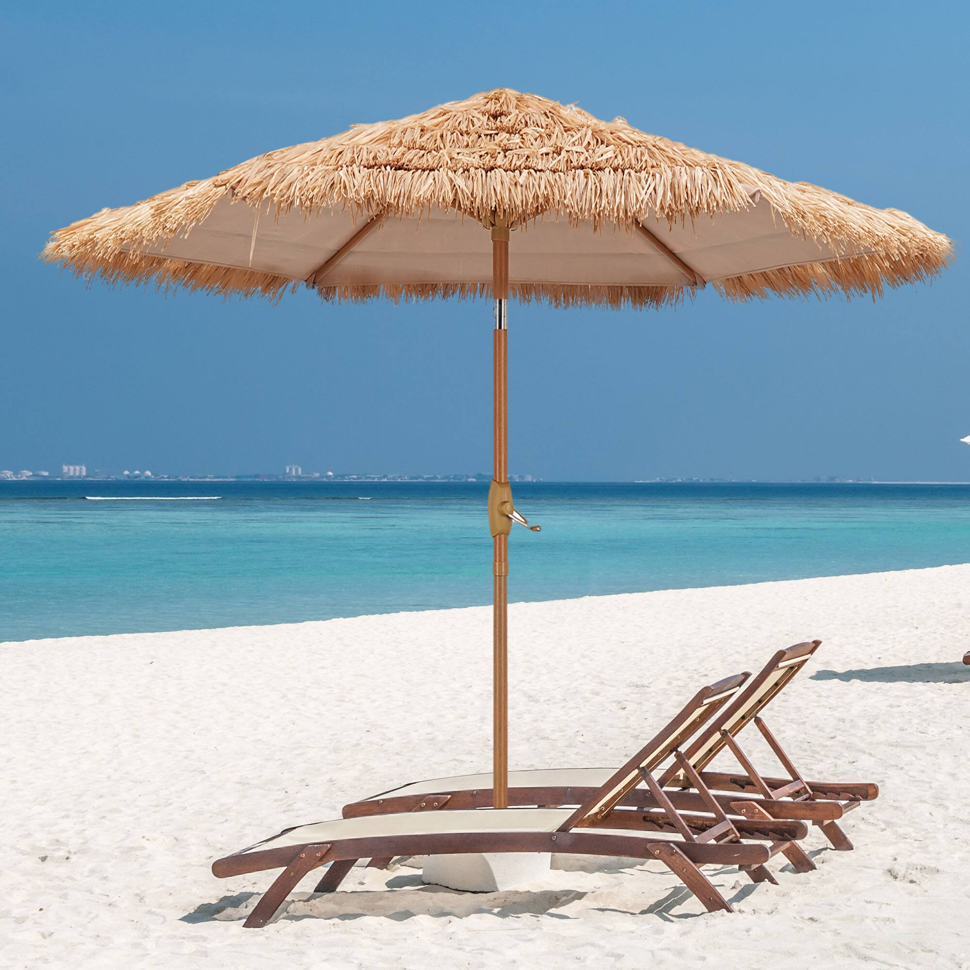 Front. Ainfox - Ainfox 7.5FT Thatched Tiki Patio Umbrella, Boho Fringe Hawaiian Outdoor Bar Umbrella with Optional Light and Tilt - Nature-Without Light.