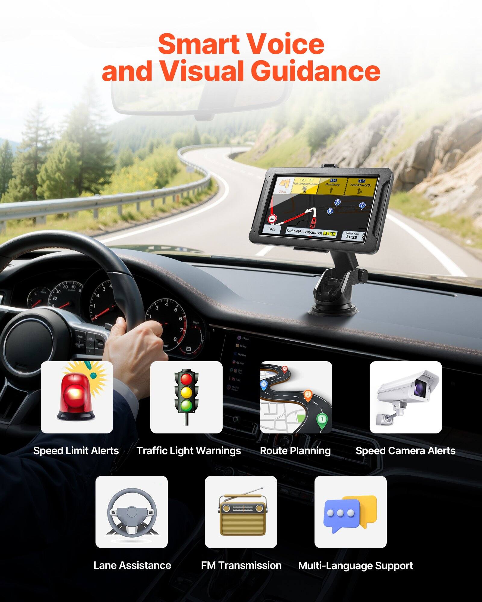 Smart Voice and Visual Guidance

- Speed Limit Alerts
- Traffic Light Warnings
- Route Planning
- Speed Camera Alerts
- Lane Assistance
- FM Transmission
- Multi-Language Support