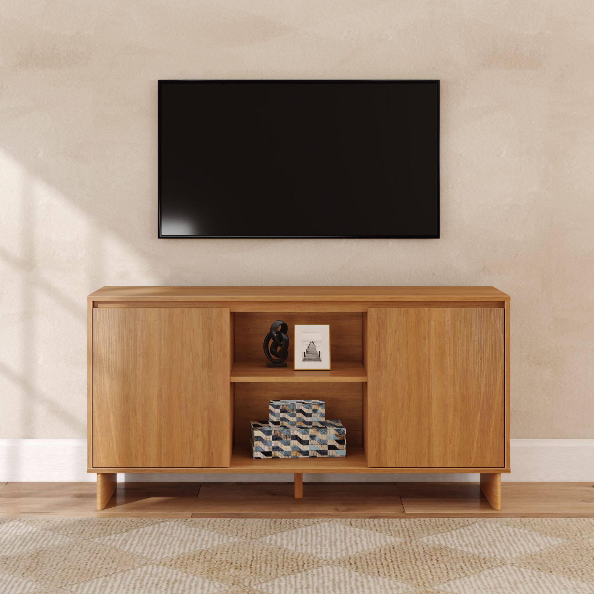 Alt View 1. Plank+Beam - Modern TV Stand/Sideboard, 2 Door w/ Middle Shelf  (1499 x 406 x 762mm / 59 x 16 x 30in), Pecan - Pecan.
