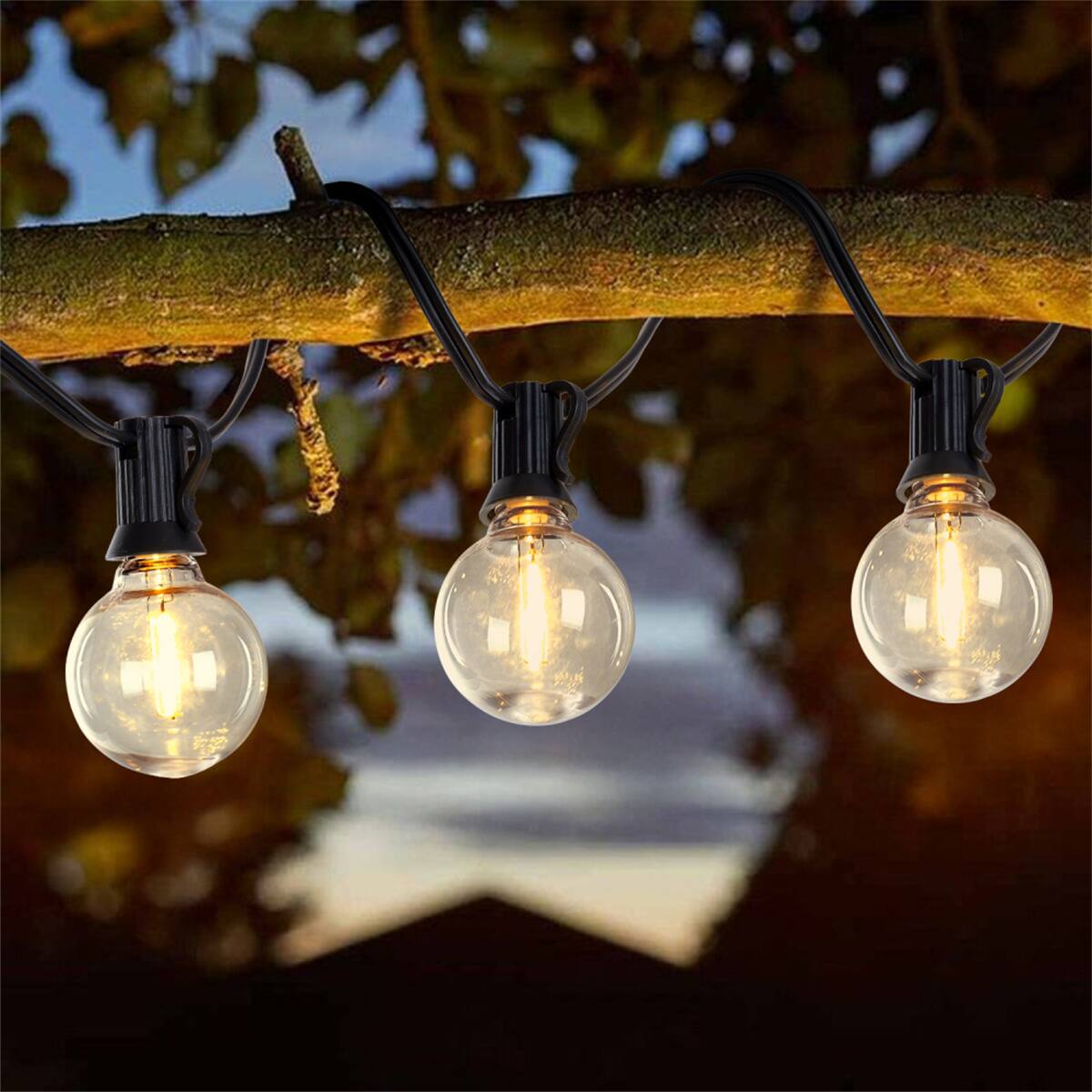 Back. HTUTWOO - 98FT LED Outdoor String Lights - 50 Shatterproof Bulbs Waterproof Patio Lights, Plug-in Warm White Hanging for Backyard - Black.
