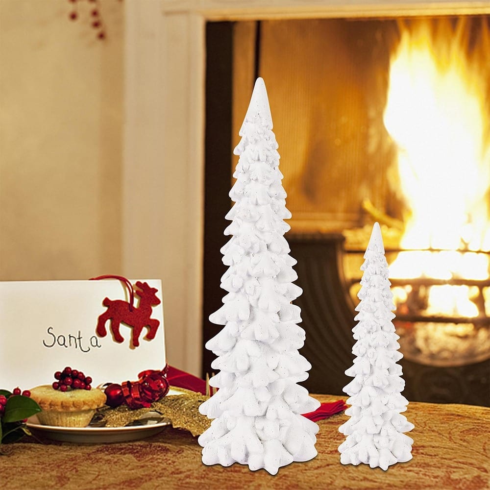 RTMB - Set of 2 Tabletop Christmas Trees, 9.5" Glittered Resin Pine Trees for Winter Holiday Decor and Centerpieces - White