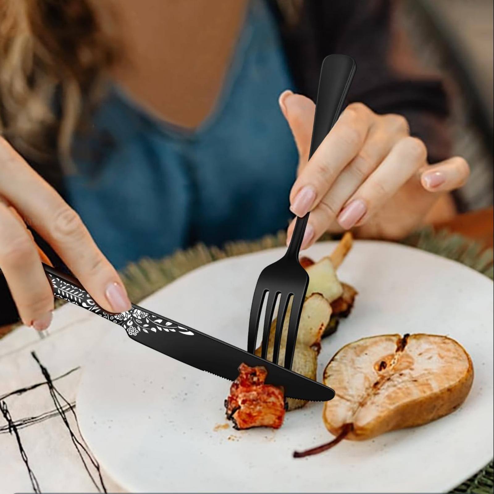 Left. Dazzed Corner - 20 Pieces Silverware Set for 4, Stainless Steel Black Flatware Set with Unique Floral Laser. - Black.