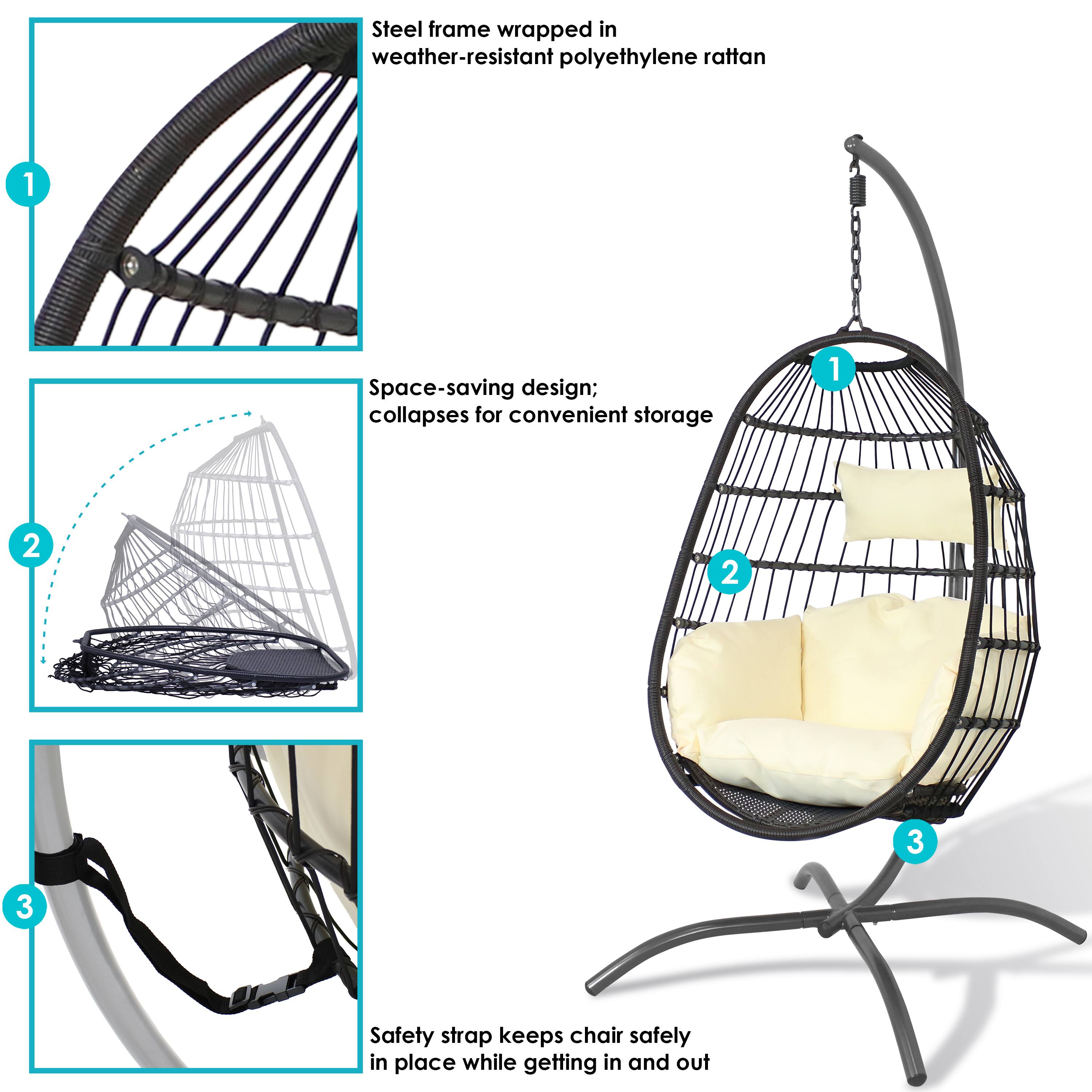 1. Steel frame wrapped in weather-resistant polyethylene rattan
2. Space-saving design; collapses for convenient storage
3. Safety strap keeps chair safely in place while getting in and out