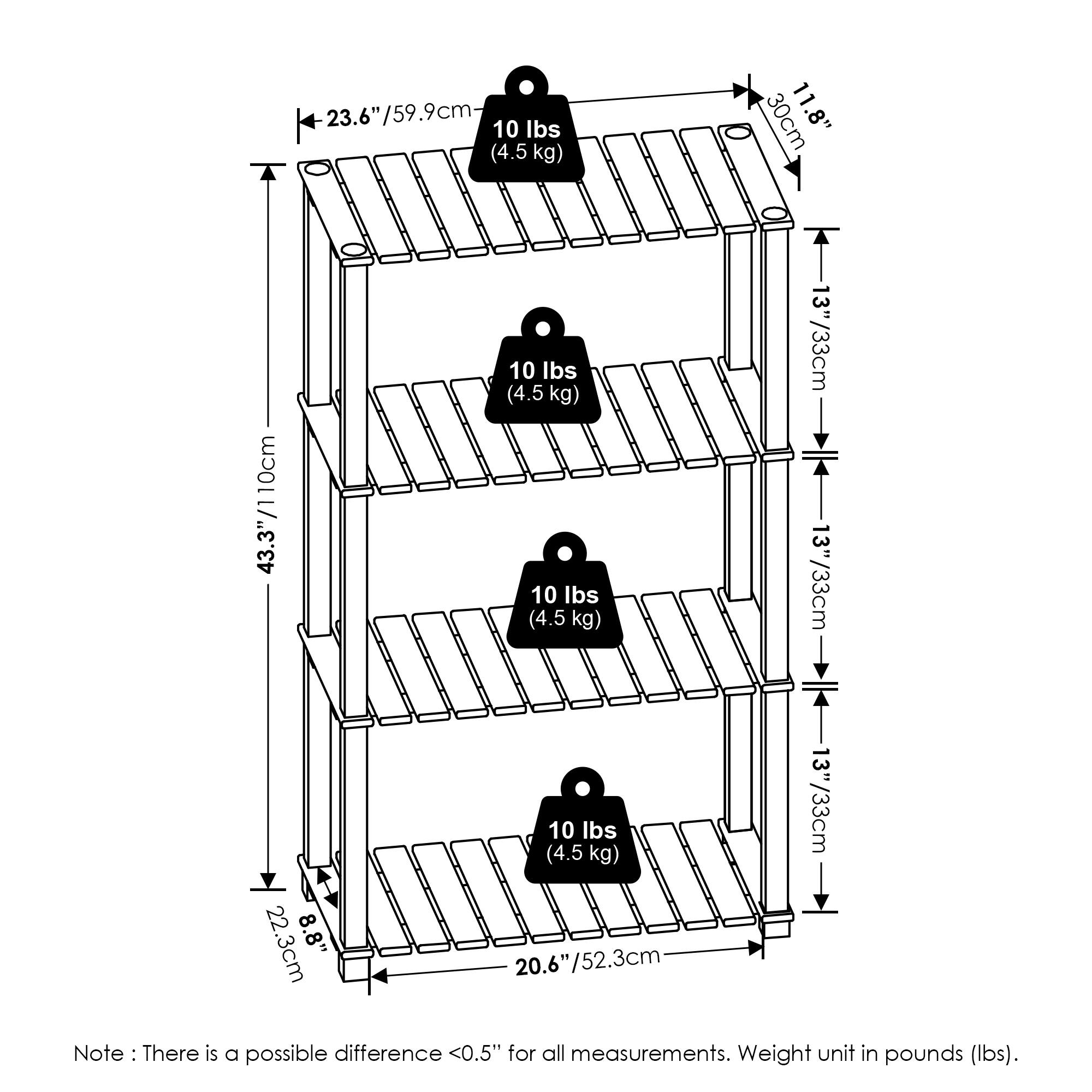 - 23.6" / 59.9 cm
- 10 lbs (4.5 kg)
- 30 cm
- 11.8"
- 10 cm
- 43.3" / 110 cm
- 13" / 33 cm
- 22.3 cm
- 8.8"
- 20.6" / 52.3 cm
- Note: There is a possible difference <0.5" for all measurements. Weight unit in pounds (lbs).