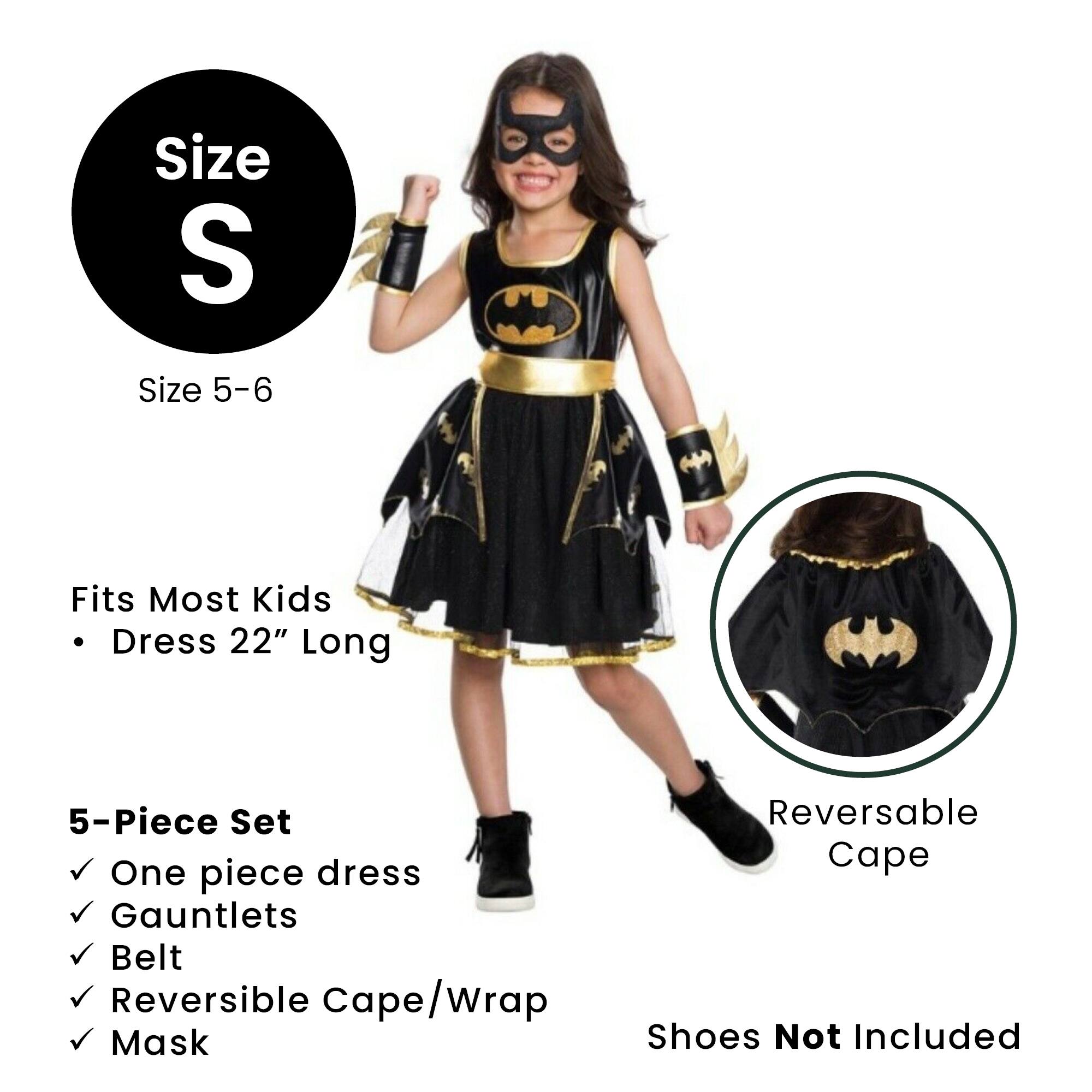 Size S  
Size 5-6  

Fits Most Kids  
- Dress 22" Long  

5-Piece Set  
- One piece dress  
- Gauntlets  
- Belt  
- Reversible Cape/Wrap  
- Mask  

Reversible Cape  

Shoes Not Included