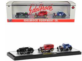 "Edelbrock Equipment Co." Set of 3 Pieces Limited Edition to 2750 pieces Worldwide 1/64 Diecast Models by M2 Machines - Black with Green, Red, Blue