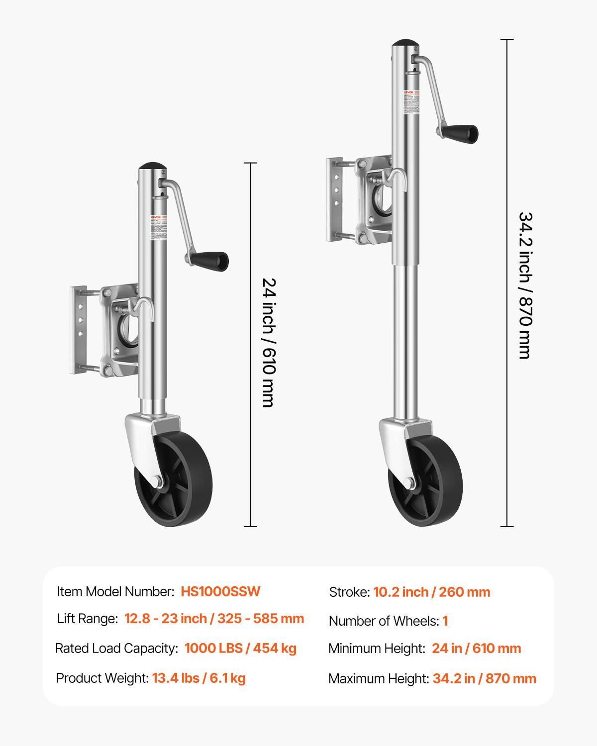 24 inch / 610 mm  
34.2 inch / 870 mm  

Item Model Number: HS1000SSW  
Stroke: 10.2 inch / 260 mm  
Lift Range: 12.8 - 23 inch / 325 - 585 mm  
Number of Wheels: 1  
Rated Load Capacity: 1000 LBS / 454 kg  
Minimum Height: 24 in / 610 mm  
Product Weight: 13.4 lbs / 6.1 kg  
Maximum Height: 34.2 in / 870 mm