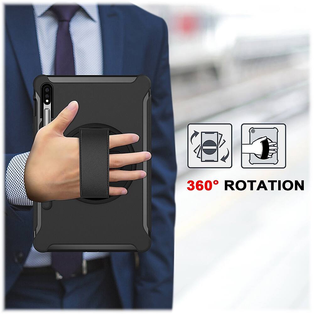 The image features a man in a suit holding a cell phone case that has a 360-degree rotation feature. The man is wearing a tie and appears to be in a professional setting. The cell phone case is designed to allow the phone to rotate 360 degrees, providing flexibility and convenience for the user. The image highlights the unique feature of the case and emphasizes its practicality.