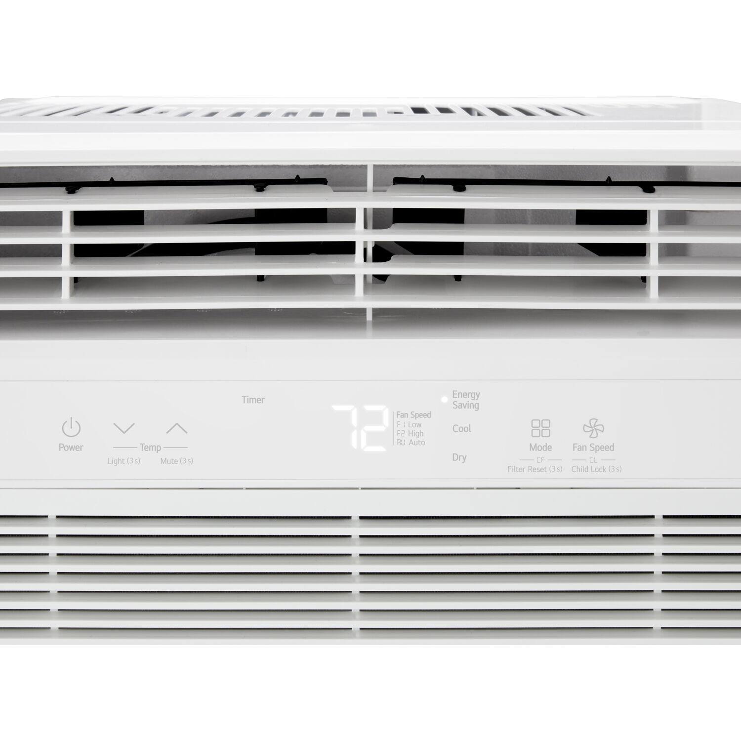 The text on the image reads:

Power Temp Light (3s) Mute (3s) Timer Fan Speed F Low 72 FLI 12 High Auto Energy Saving Cool Dry Mode OF Filter Reset (3s) Fan Speed 4L Child Lock (3s)