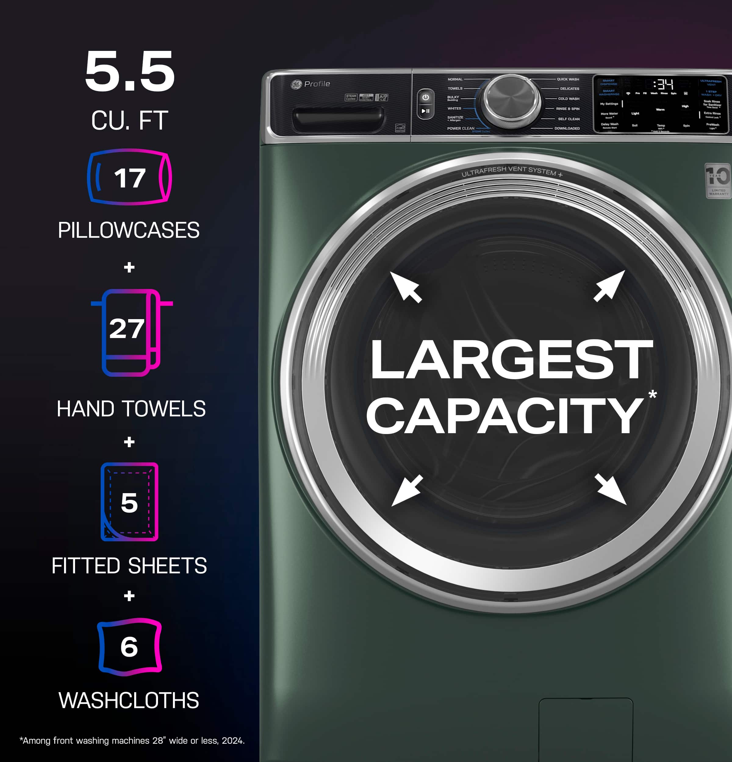 The text on the image is grouped and corrected as follows:
5.5 CU. FT. Profile . a - ... | - : - - 34 : 17 ULTRAFRESH VENT SYSTEM a 10 : PILLOWCASES + 27 HAND TOWELS + LARGEST CAPACITY 5 FITTED SHEETS + 6 WASHCLOTHS *Among front washing machines 28" wide or less. 2024.