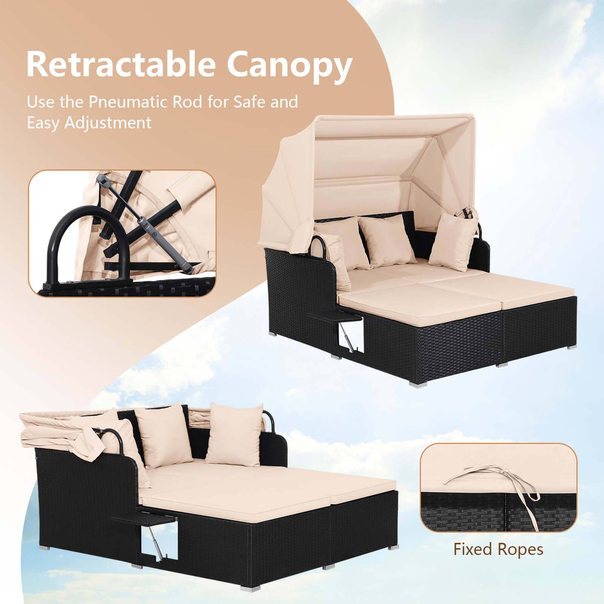 Retractable Canopy: Use the Pneumatic Rod for Safe and Easy Adjustment. Fixed Ropes.