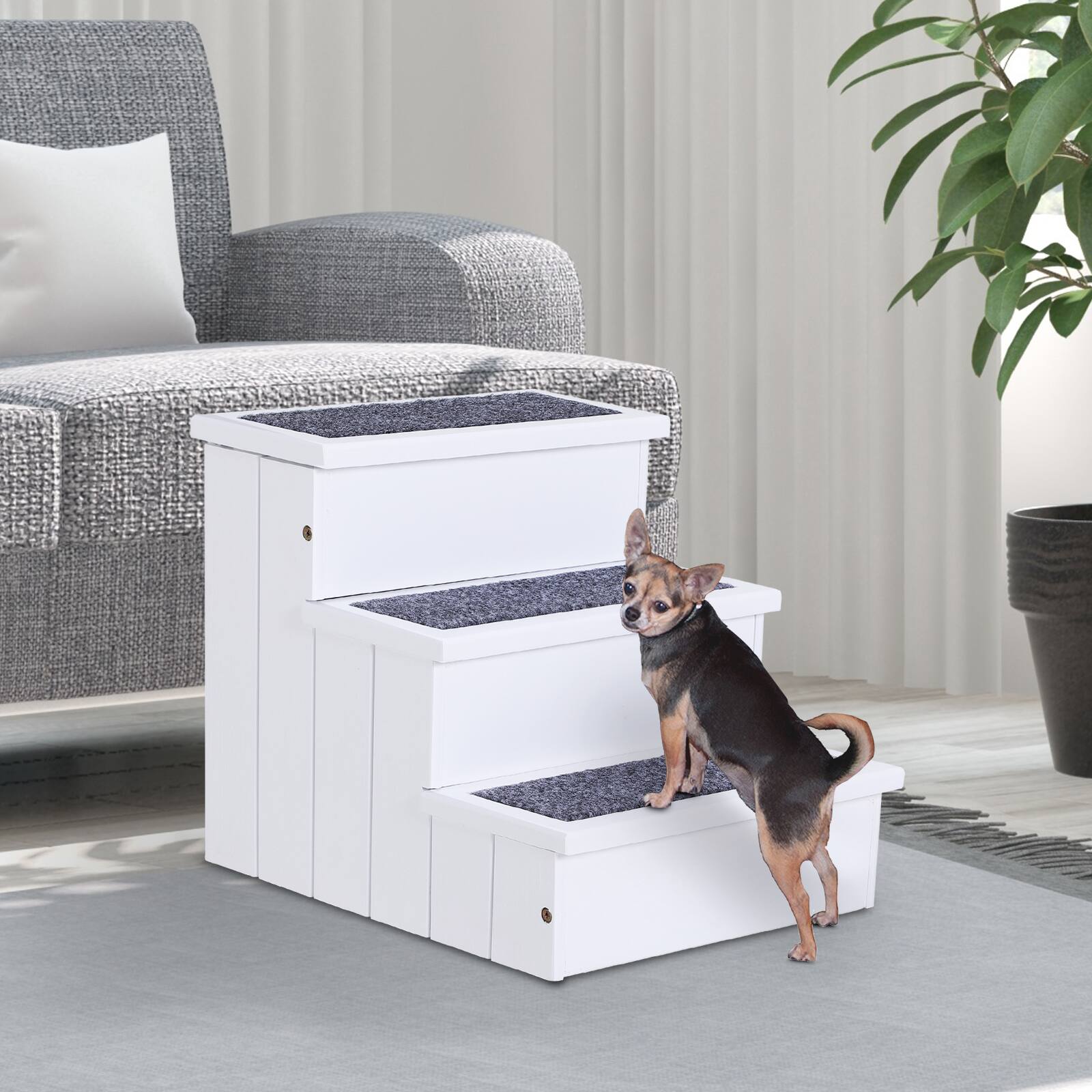 Angle. Pawhut - 3 Step Wooden Carpeted Non Slip Pet Stairs Ramp for Cats and Small Dogs - White.