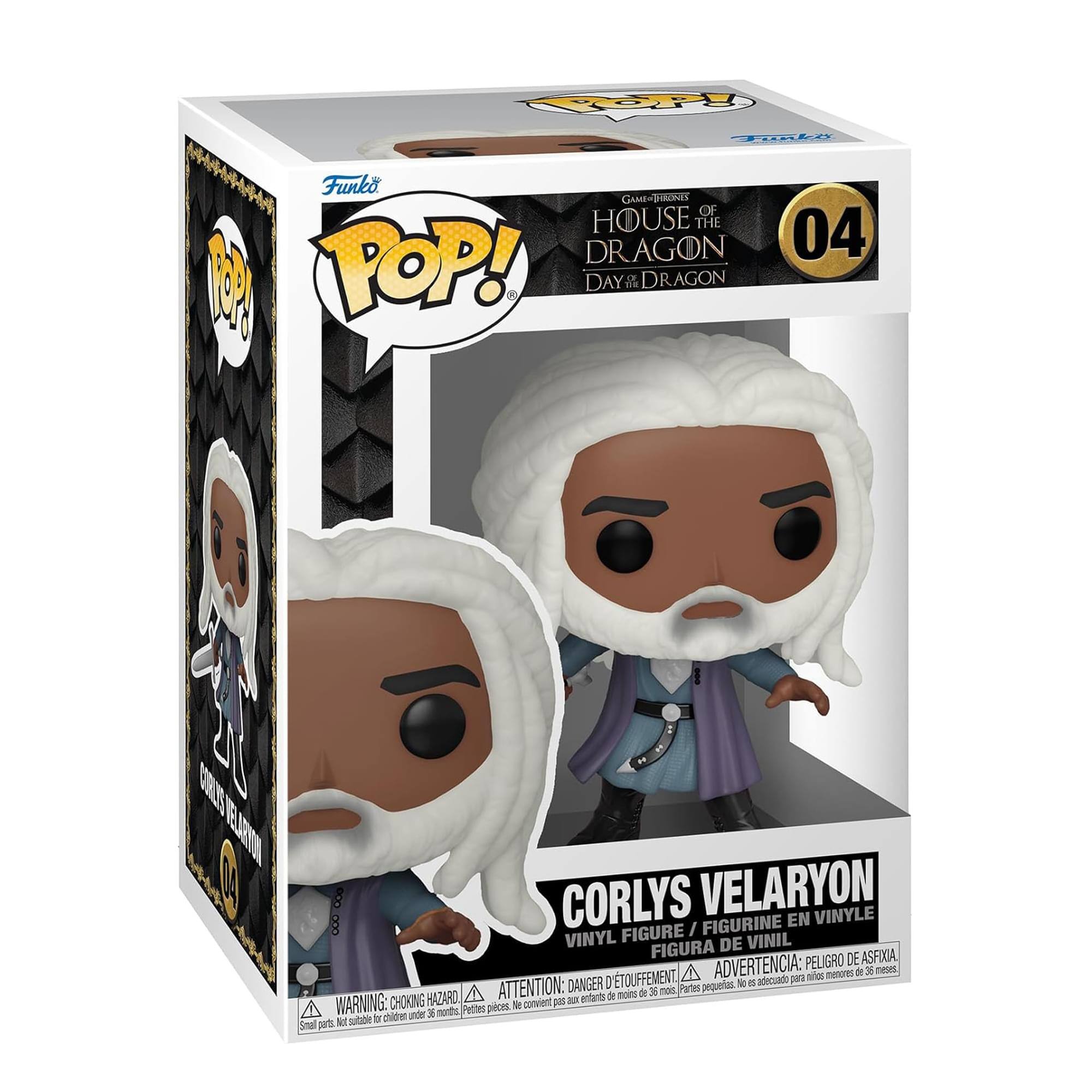 **Front:**
- Game of Thrones: House of the Dragon
- Day of the Dragon
- 04
- Corlys Velaryon
- Vinyl Figure / Figurine en Vinyle / Figura de Vinil
- Warning: Choking Hazard - Small parts. Not for children under 3 years. / Attention: Danger de suffocation - Petites pièces. Ne convient pas aux enfants de moins de 3 ans. / Advertencia: Peligro de asfixia - Piezas pequeñas. No es adecuado para menores de 3 años.

**Side:**
- Corlys Velaryon
- 04

**Top:**
- POP!
- Funko

**Bottom:**
- Warning: Choking Hazard - Small parts. Not for children under 3 years. / Attention: Danger de suffocation - Petites pièces. Ne convient pas aux enfants de moins de 3 ans. / Advertencia: Peligro de asfixia - Piezas pequeñas. No es adecuado para menores de 3 años.