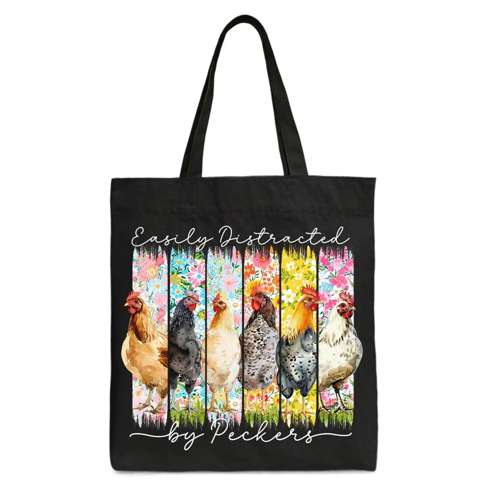 OrnamentallyYou - Easily Distracted by Peckers Chicken Farm Canvas Tote Bag - Black