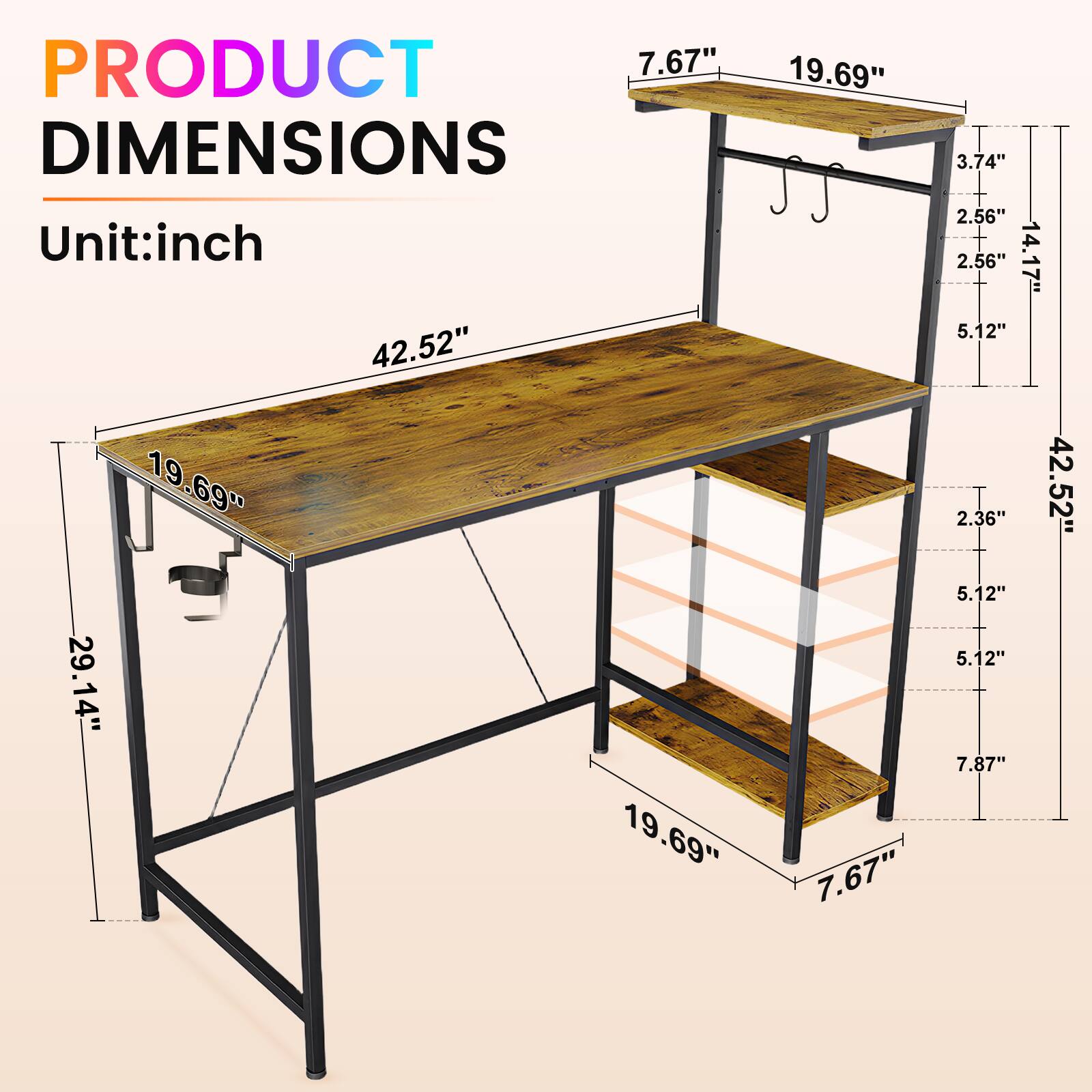 PRODUCT DIMENSIONS  
Unit: inch  

- 7.67"  
- 19.69"  
- 3.74"  
- 2.56"  
- 14.17"  
- 5.12"  
- 42.52"  
- 2.36"  
- 29.14"  
- 7.87"