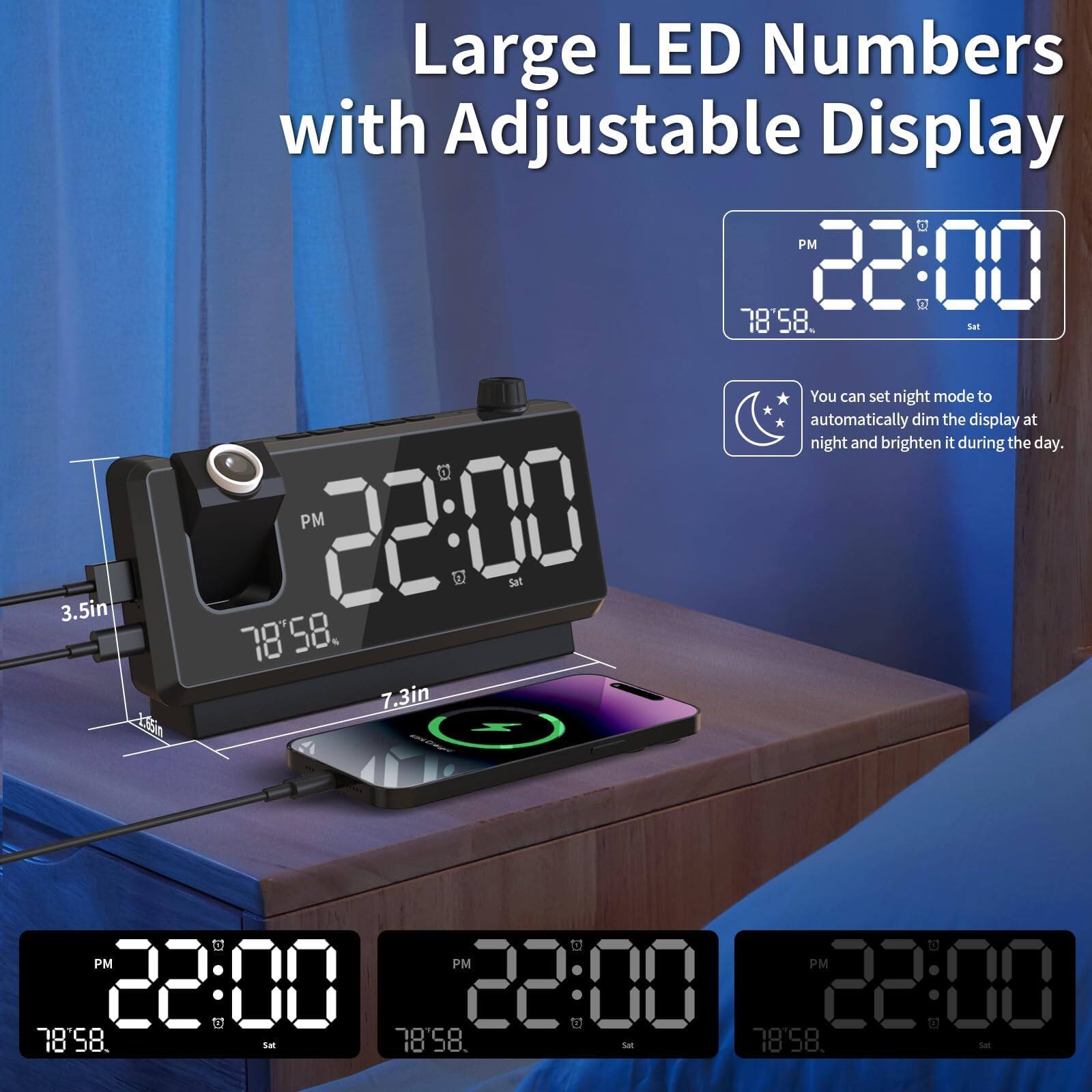 3.5in Large LED Numbers with Adjustable Display  
PM 22:00  
Sat 78'58.  

You can set night mode to automatically dim the display at night and brighten it during the day.  

PM 22:00  
Sat 78'58.  

7.3in  
0 to 78'58.