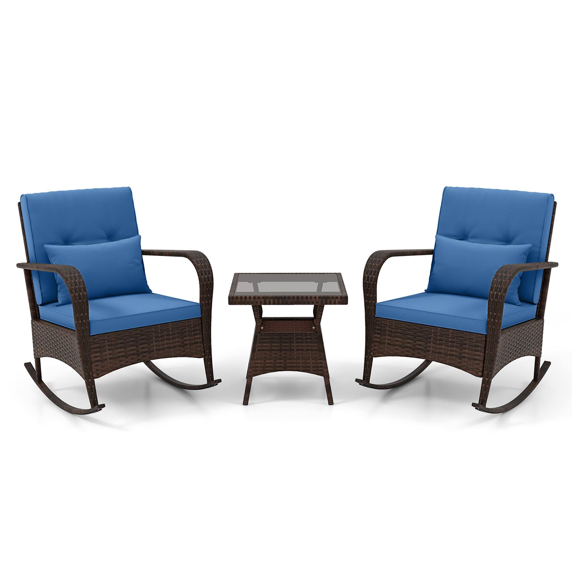 Alt View 9. Gymax - Gymax 3 Piece Outdoor Rocking Set Rattan Rocker Chairs w/ Tempered Glass Coffee Table - Blue, Mix Brown.