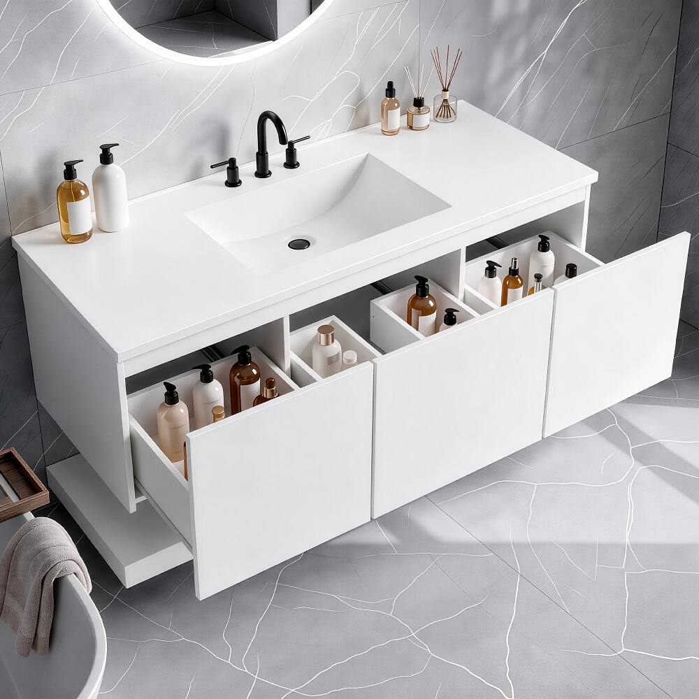 Left. Loheer - Loheer 48 Inch Wall Mounted Bathroom Vanity White Floating Vanity with Sink and 3 Drawers - White.