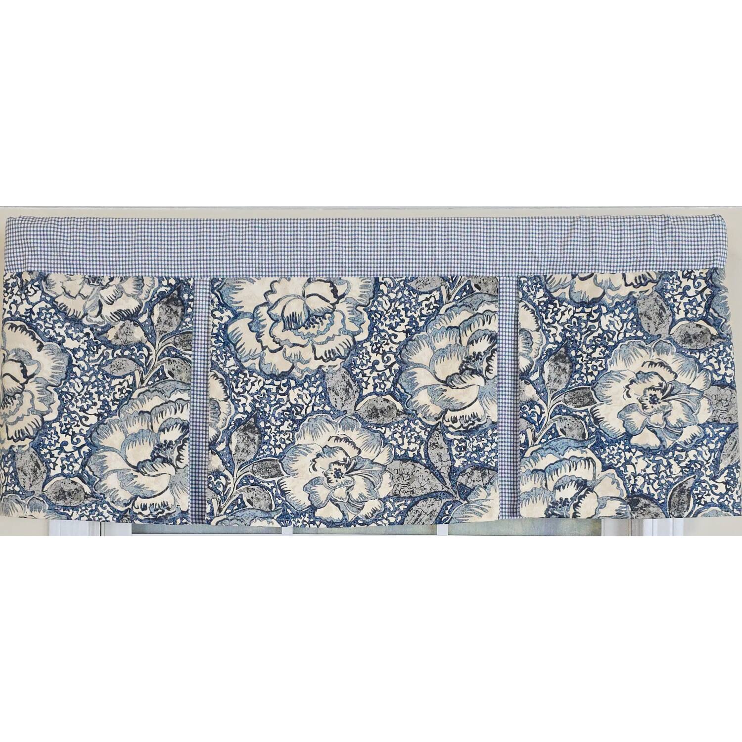 Left. RLF Home - RLF Home 100% Cotton Peony Ball Pleated  Unlined Windows Rod Pocket Valance 50" x 17"  Blue - Blue.