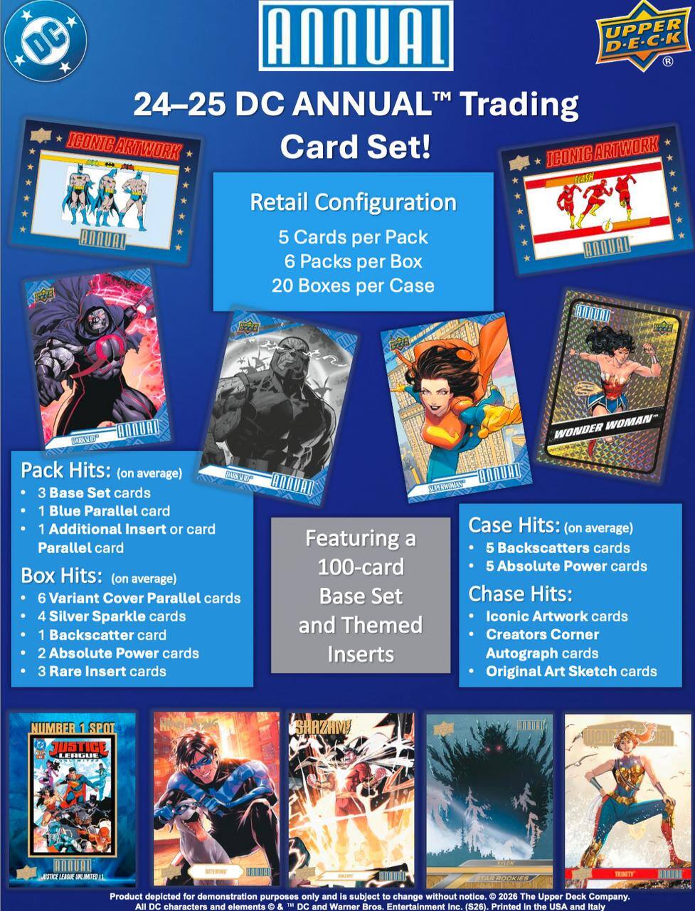 24-25 DC ANNUAL™ Trading Card Set!  
Retail Configuration  
5 Cards per Pack  
6 Packs per Box  
20 Boxes per Case  

Pack Hits: (on average)  
- 3 Base Set cards  
- 1 Blue Parallel card  
- 1 Additional Insert or card Parallel card  

Box Hits: (on average)  
- 6 Variant Cover Parallel cards  
- 4 Silver Sparkle cards  
- 1 Backscatter card  
- 2 Absolute Power cards  
- 3 Rare Insert cards  

Case Hits: (on average)  
- 5 Backscatter cards  
- 5 Absolute Power cards  

Featuring a 100-card Base Set and Themed Inserts  
Chase Hits:  
- Iconic Artwork cards  
- Themed Creators Corner Inserts  
- Autograph cards  
- Original Art Sketch cards  

Product depicted for demonstration purposes only and is subject to change without notice.  
© 2026 The Upper Deck Company.  
All DC characters and elements © & ™ DC and Warner Bros. Entertainment Inc.