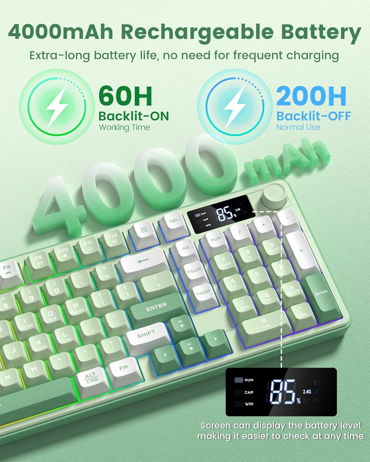 4000mAh Rechargeable Battery  
Extra-long battery life, no need for frequent charging  

60H Backlit-ON  
200H Backlit-OFF  

Working Time  
Normal Use  

4000 mAh  

Screen can display the battery level, making it easier to check at any time.