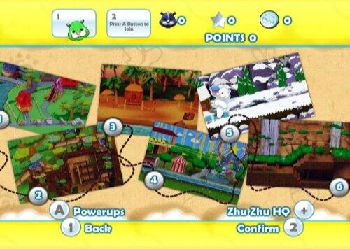 1. Press A Button to join
2. Points: 0
3. Powerups
4. Zhu Zhu HQ
5. Confirm
6. Back