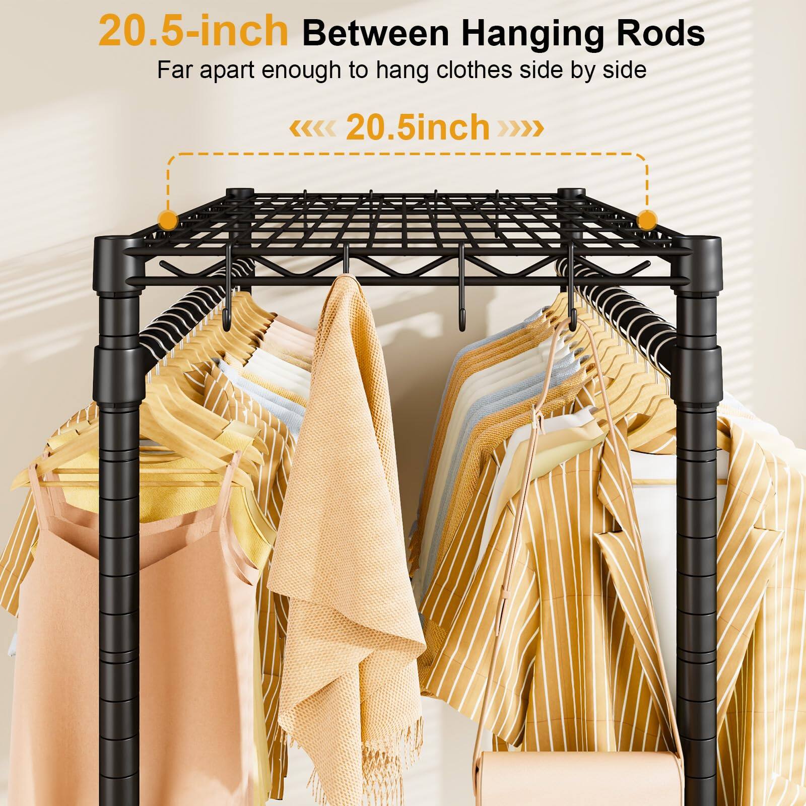 20.5-inch Between Hanging Rods  
Far apart enough to hang clothes side by side  
<<<< 20.5inch >>>>