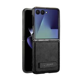 Dteck - Shockproof Case for Samsung Galaxy Z Flip8 with Adjustable Kickstand, Retro Leather Texture Rigid PC Protective Cover - Black