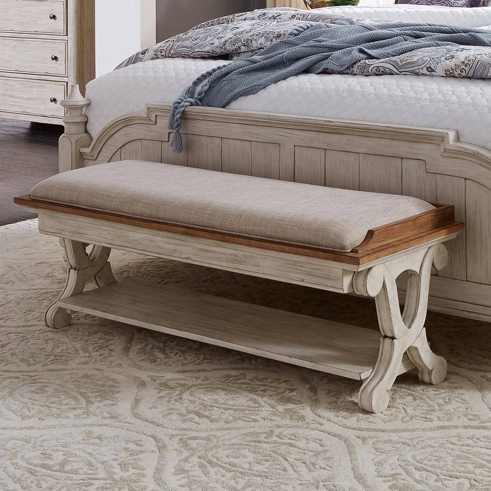 Back. Liberty Furniture Industries - Farmhouse Reimagined Bed Bench in Antique White w/ Chestnut Top - White.