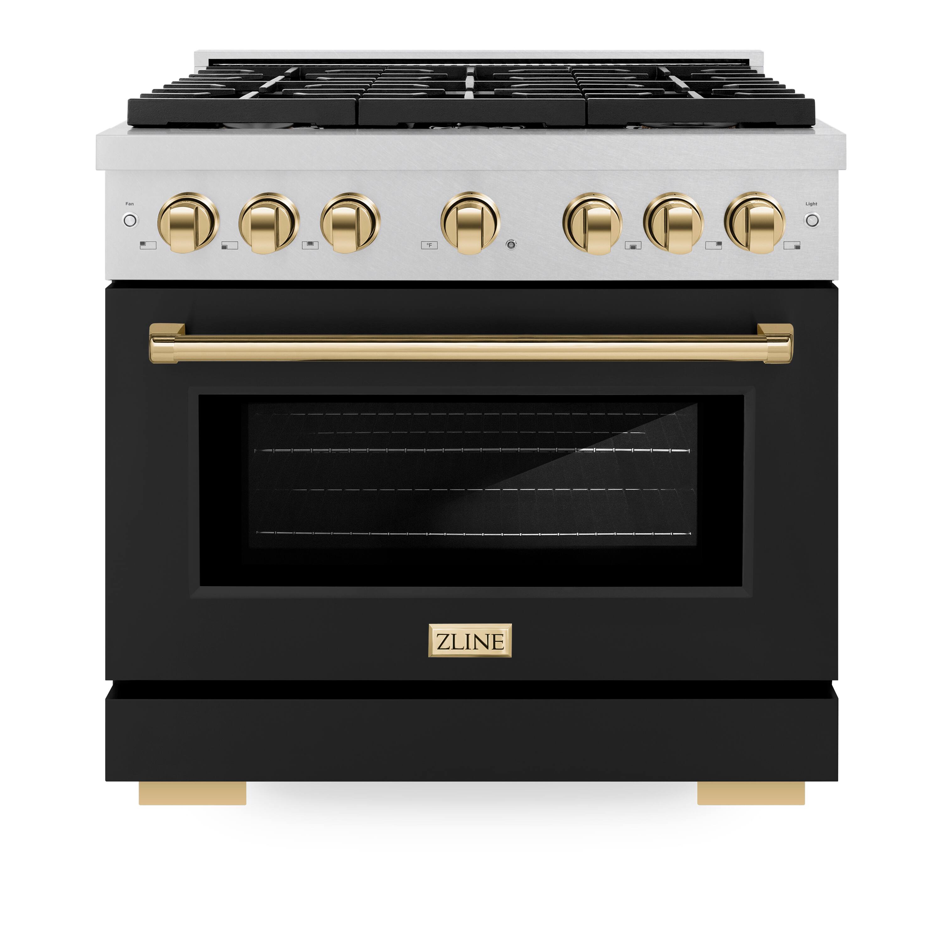 Front. ZLINE - ZLINE Autograph 36 in. Paramount Satin Steel Gas Range w/ Black Door & Gold Accents (SGRSZ-BLM-36-G) - Black.