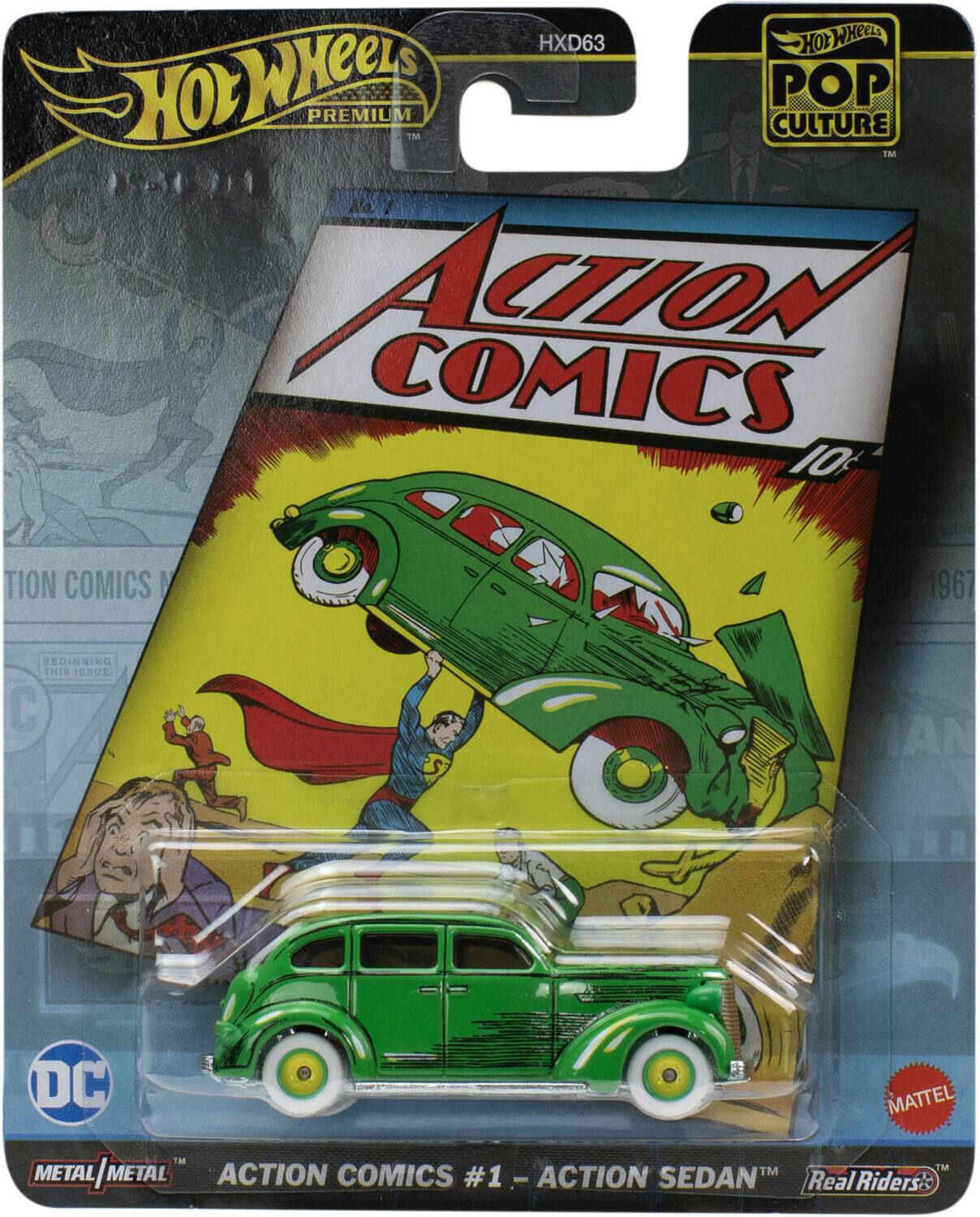 Hot Wheels Premium  
Pop Culture  
HXD63  

Action Comics  
10¢  
1967  

DC  

Metal | Metal  
Action Comics #1 - Action Sedan™  
Real Riders™  

Mattel