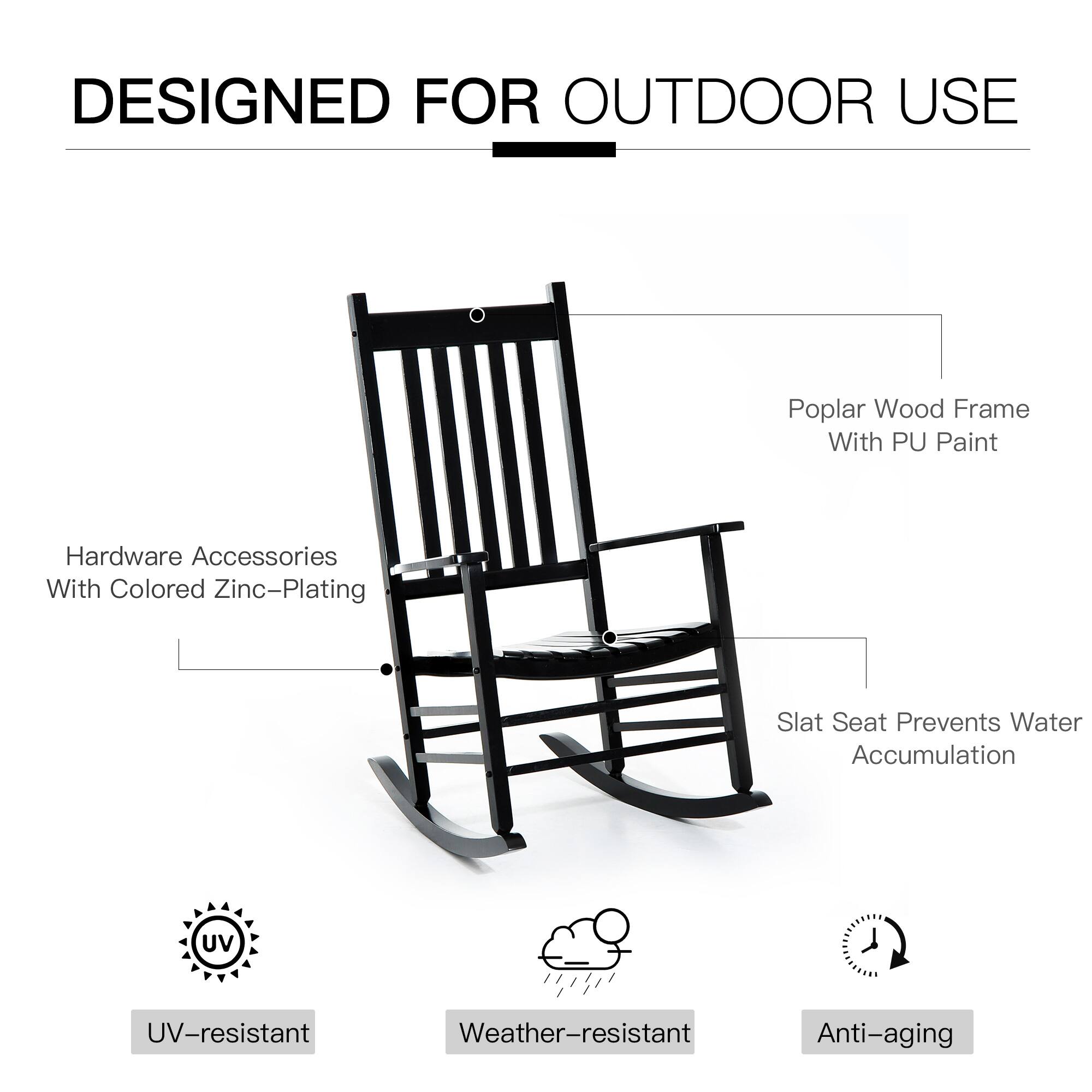 DESIGNED FOR OUTDOOR USE

- Poplar Wood Frame With PU Paint
- Hardware Accessories With Colored Zinc-Plating
- Slat Seat Prevents Water Accumulation
- UV-resistant
- Weather-resistant
- Anti-aging