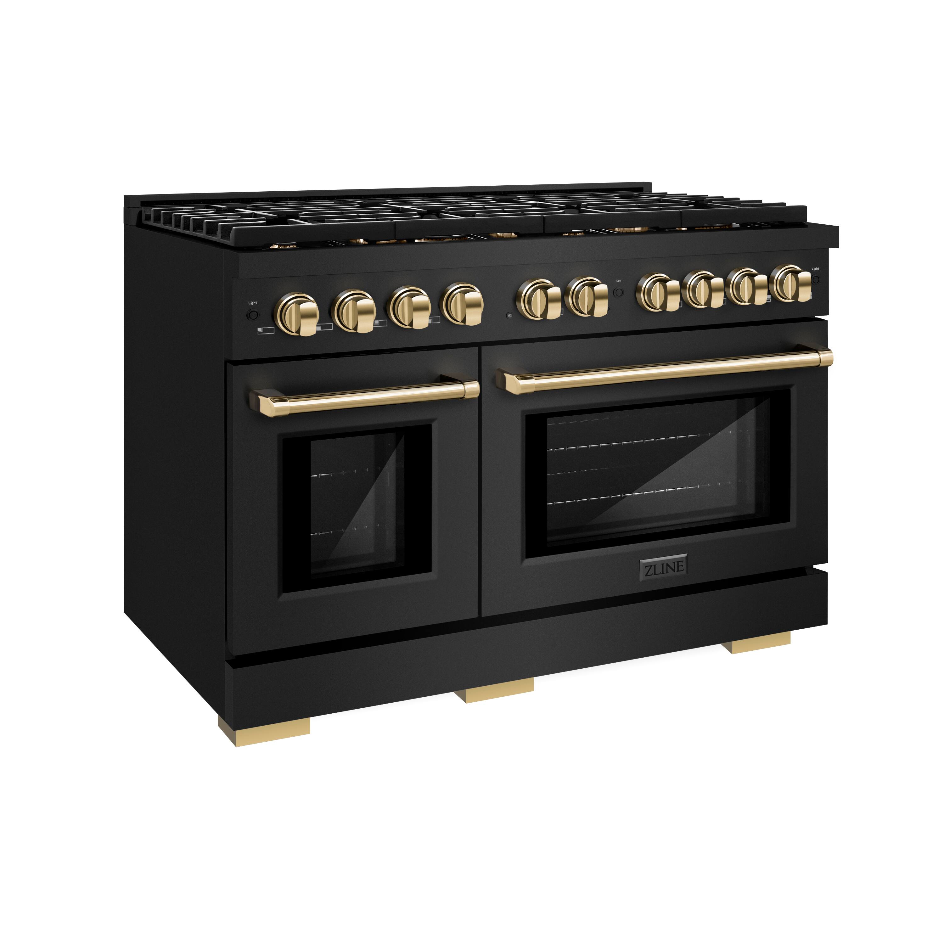 Left. ZLINE - ZLINE Autograph 48" Paramount Dual Fuel Black Stainless Range w/ Gold Accents (SDRBZ-48-G) - Black Stainless Steel.