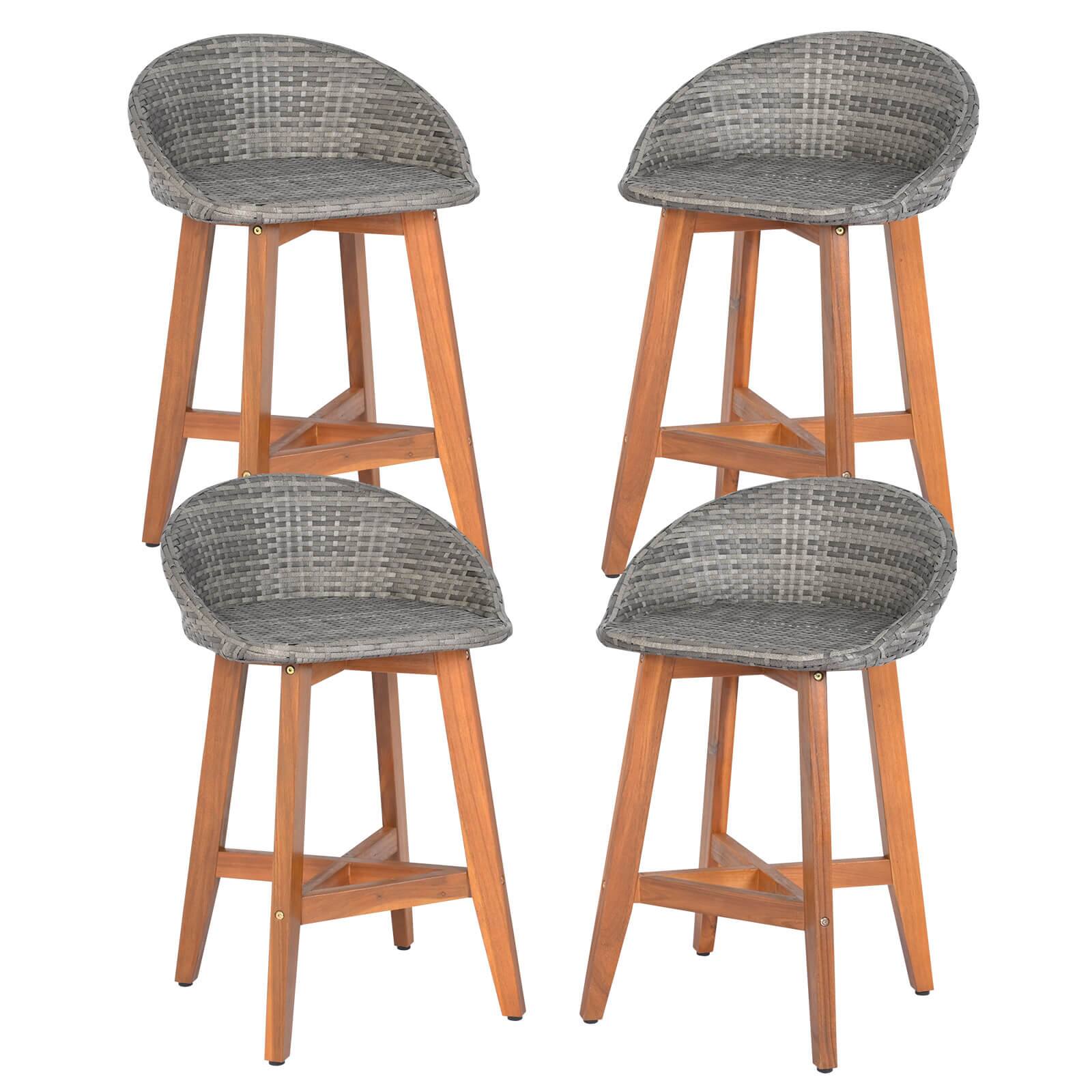 Front. Costway - Costway Outdoor Faux Rattan Bar Chairs Set of 4 Solid Acacia Wood Bar Stools for Porch - Gray.