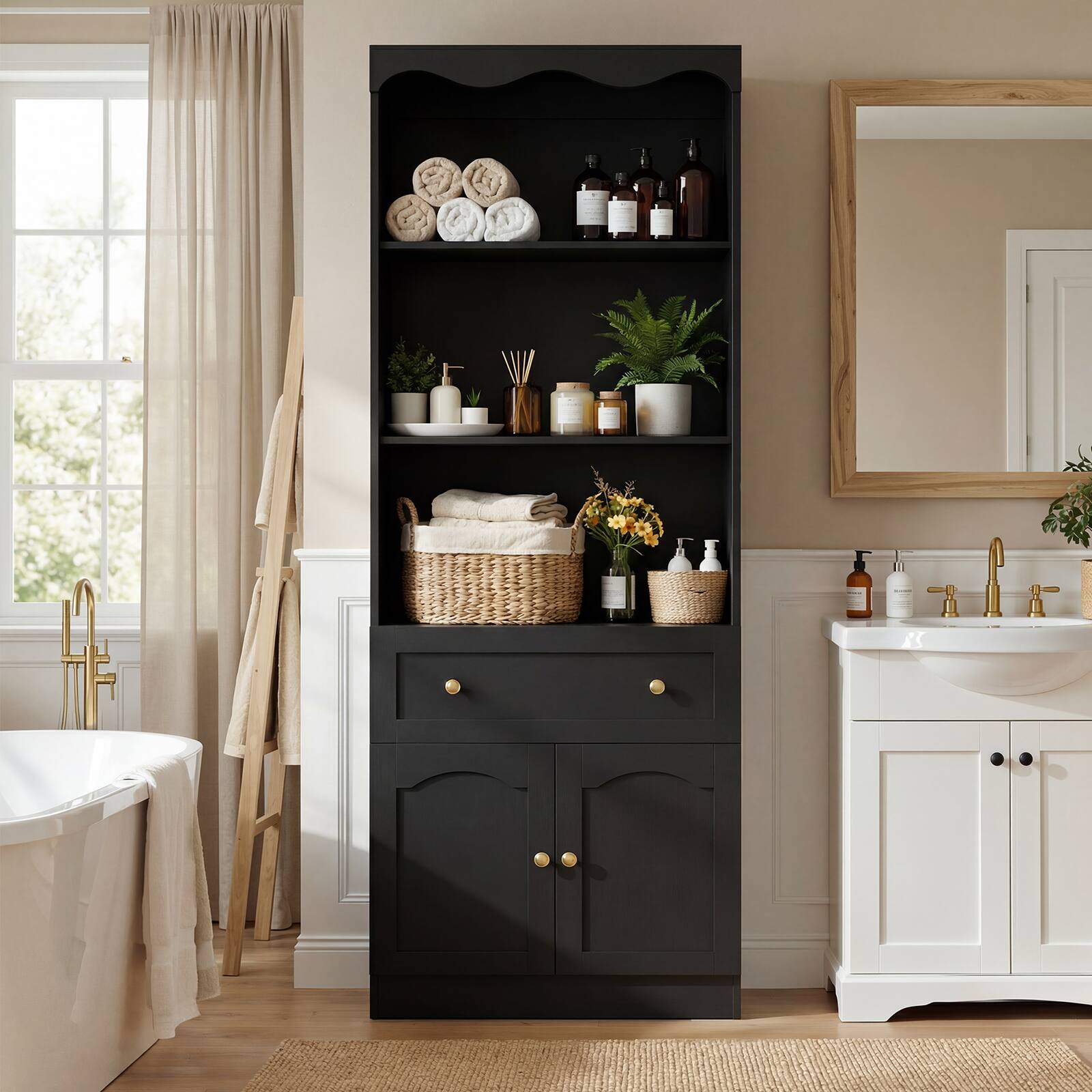 Alt View 3. Aheaplus - 27.5'' W Bookcase with Drawer and Doors, 80'' Tall Bookcase with 3-Tier Open Shelves, 2 Piece Set - Black.
