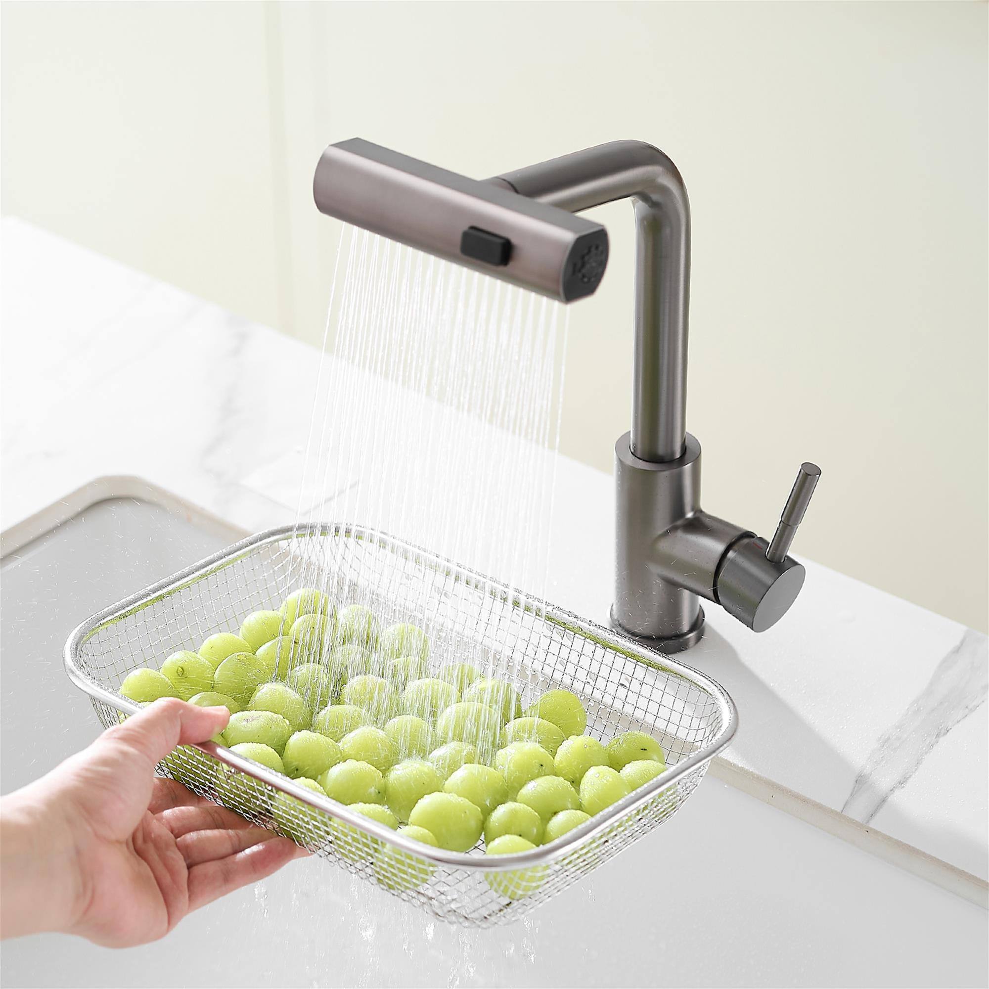 Alt View 3. Boyel Living - Gun Grey Finish Single Handle Pull Out Kitchen Faucet Waterfall Style with Dual Spray Modes - Gun grey.