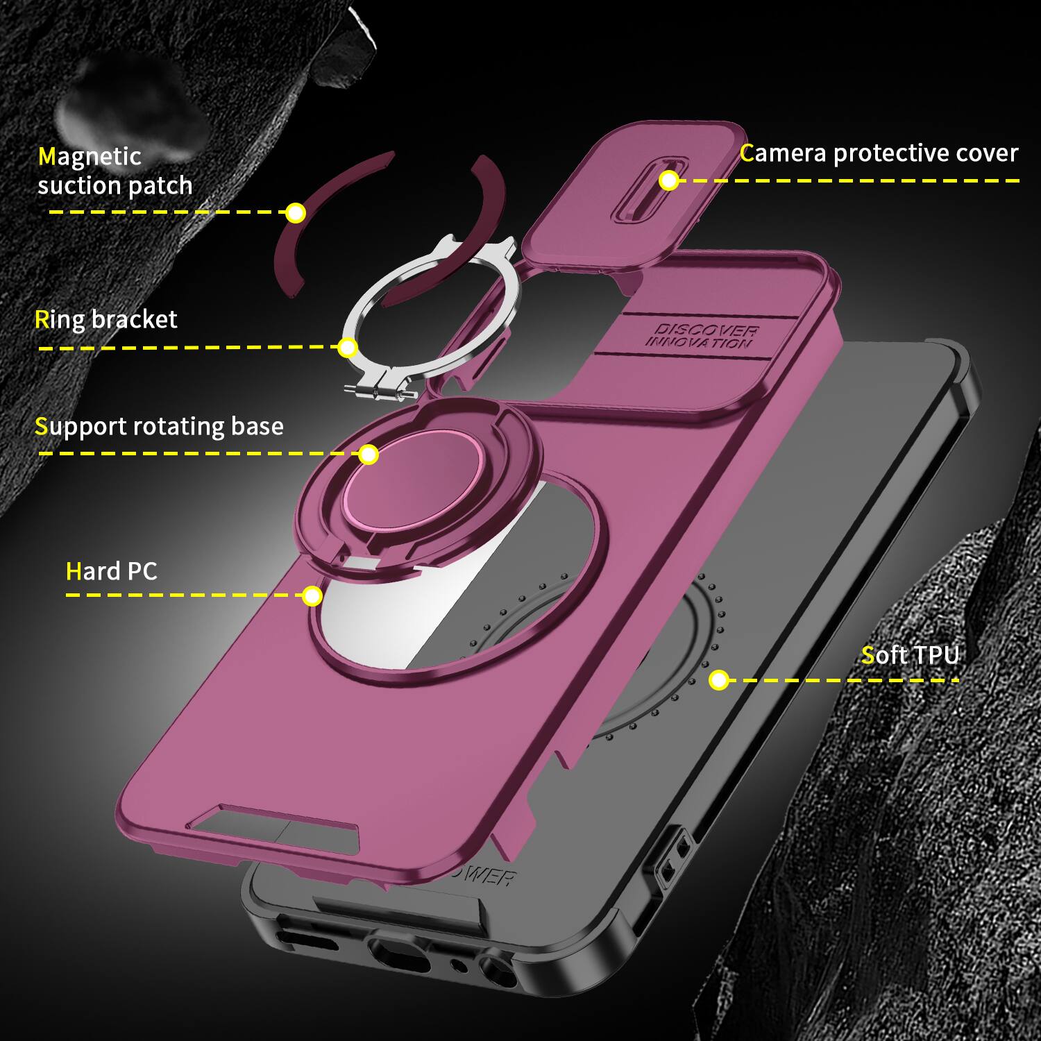 Magnetic suction patch  
Camera protective cover  
Ring bracket  
DISCOVER INNOVATION  
Support rotating base  
Hard PC  
Soft TPU