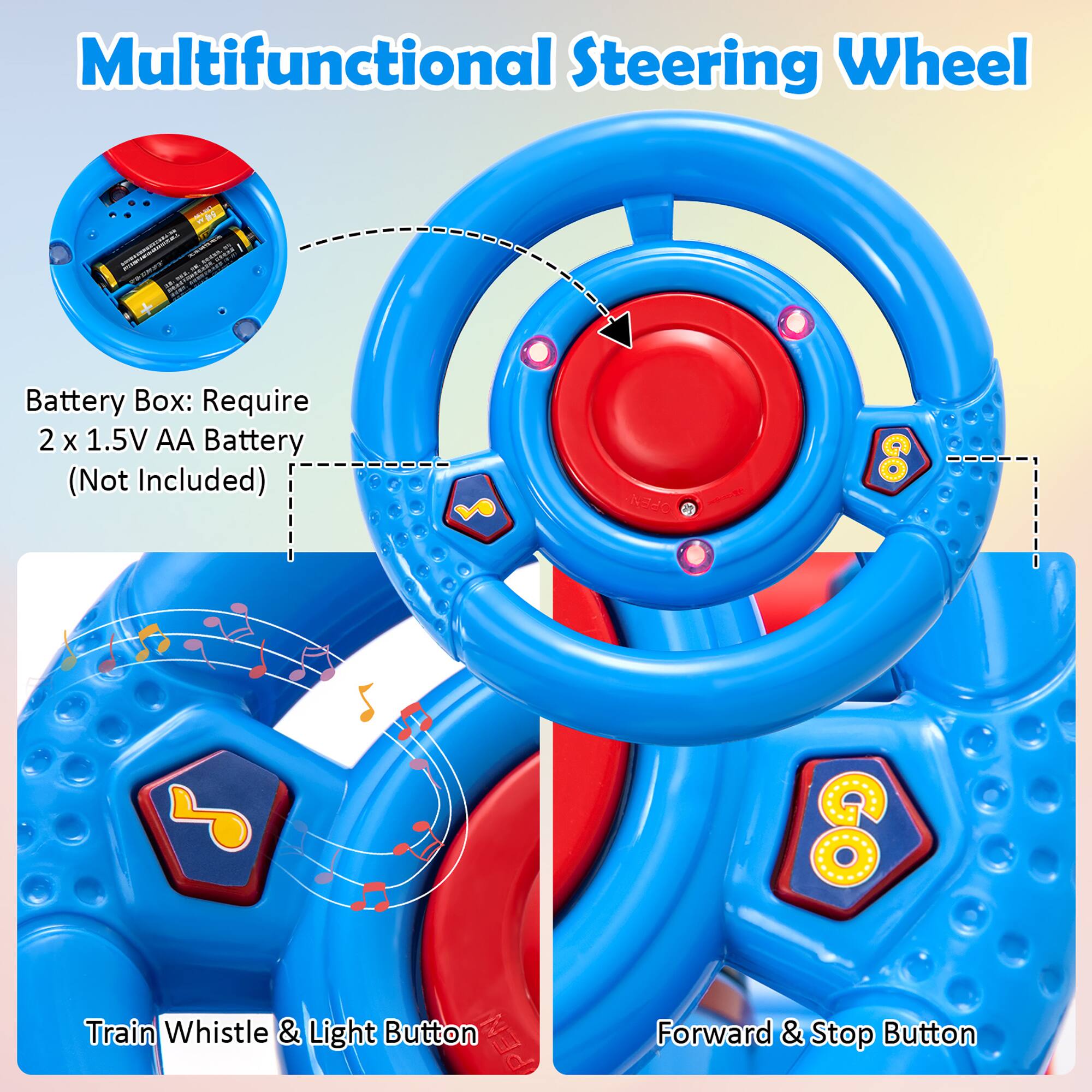 Multifunctional Steering Wheel

Battery Box: Require 2 x 1.5V AA Battery (Not Included)

Train Whistle & Light Button

Forward & Stop Button