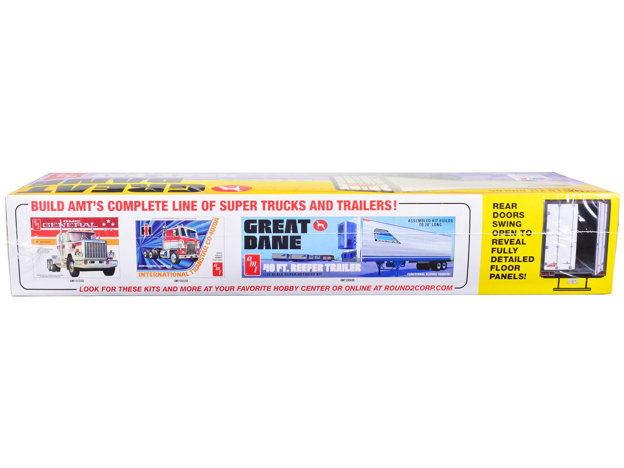 BUILD AMT'S COMPLETE LINE OF SUPER TRUCKS AND TRAILERS!  
GREAT DANE  
40 FT. REEFER TRAILER  
1/25 SCALE SUPER DETAILED KIT  
REAR DOORS SWING OPEN TO REVEAL FULLY DETAILED FLOOR PANELS!  
LOOK FOR THESE KITS AND MORE AT YOUR FAVORITE HOBBY CENTER OR ONLINE AT ROUND2CORP.COM