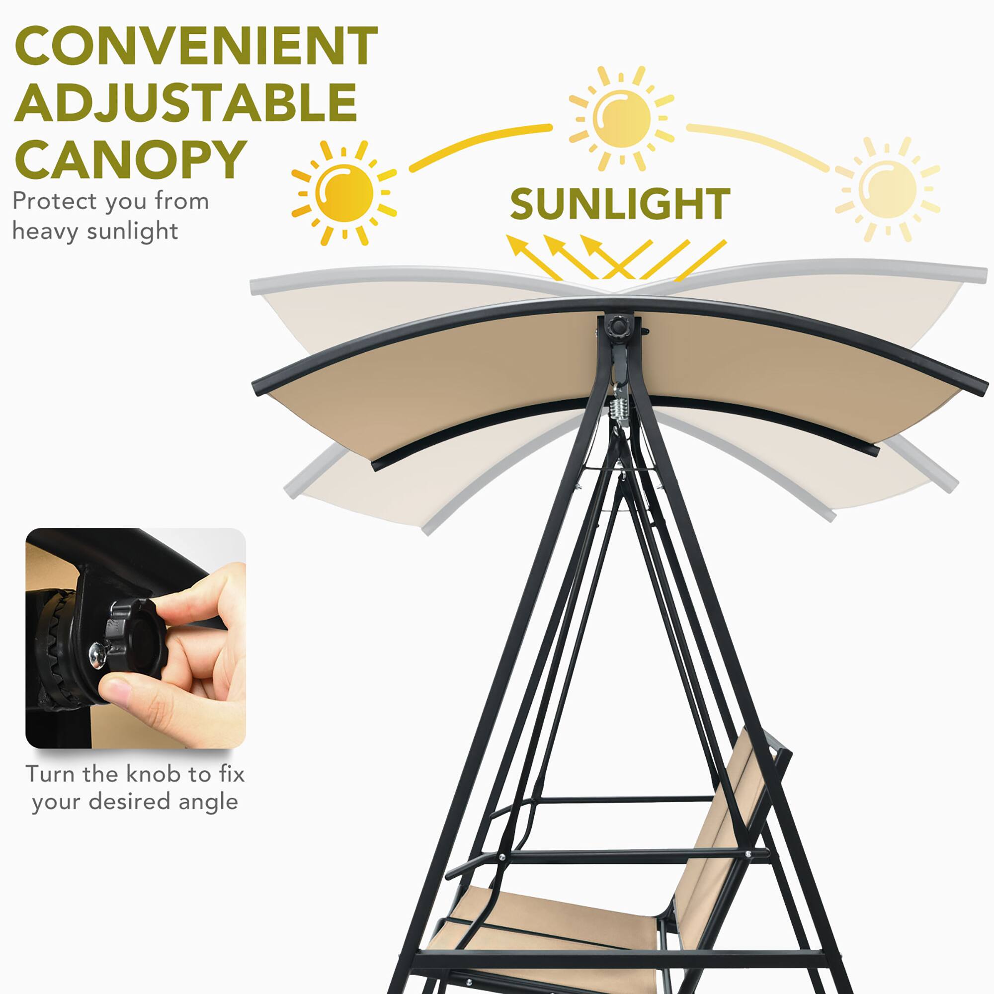 CONVENIENT ADJUSTABLE CANOPY  
Protect you from heavy sunlight  

SUNLIGHT  

Turn the knob to fix your desired angle