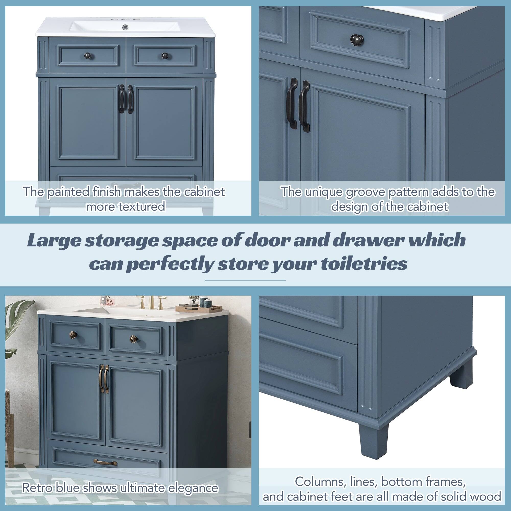 The painted finish makes the cabinet more textured.  
The unique groove pattern adds to the design of the cabinet.  
Large storage space of door and drawer which can perfectly store your toiletries.  
Retro blue shows ultimate elegance.  
Columns, lines, bottom frames, and cabinet feet are all made of solid wood.