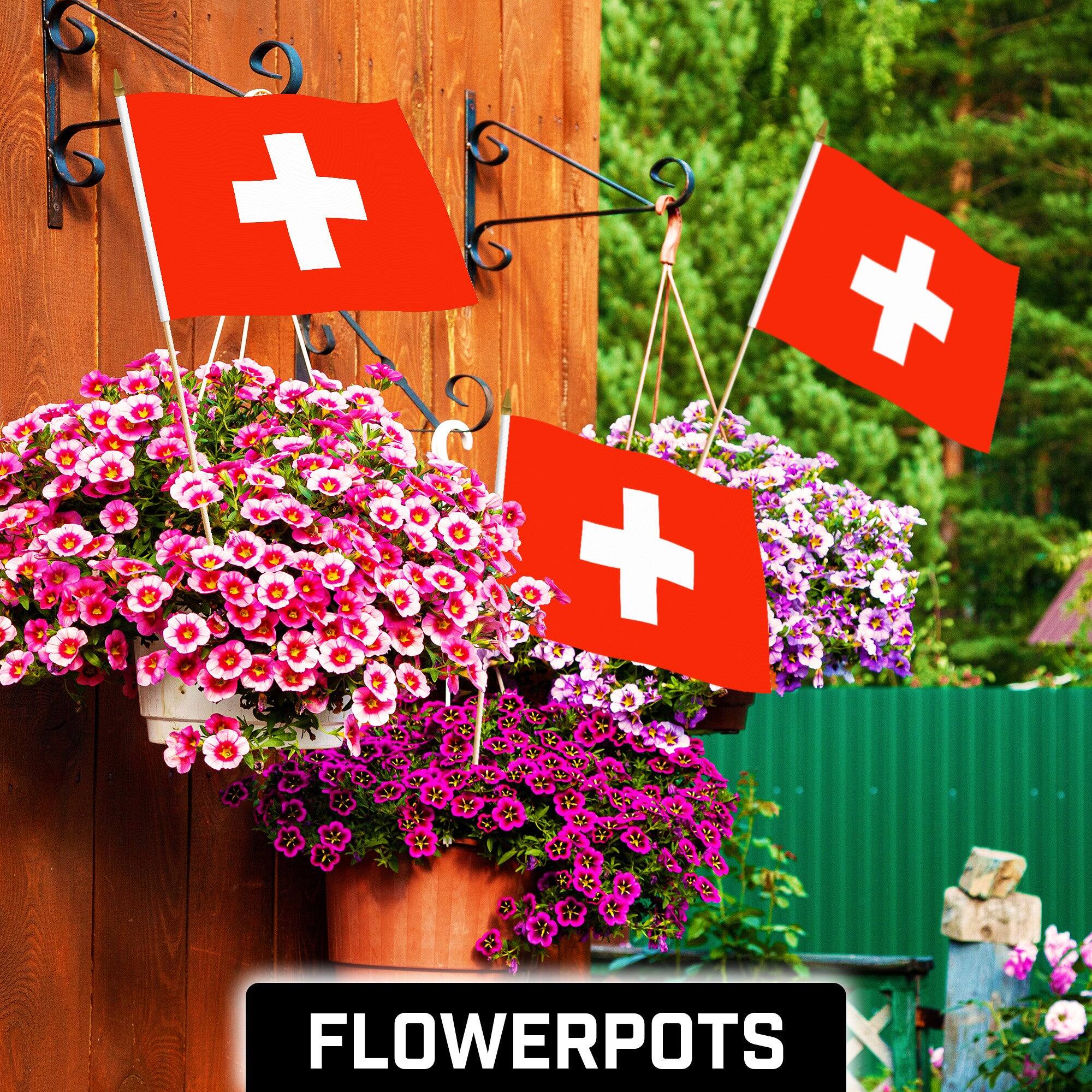 Angle. G128 - 24-Pack Handheld Switzerland Stick Flags, 12 x 18 in, 150D Polyester, Wooden Spear Tips. - Assorted Colors.