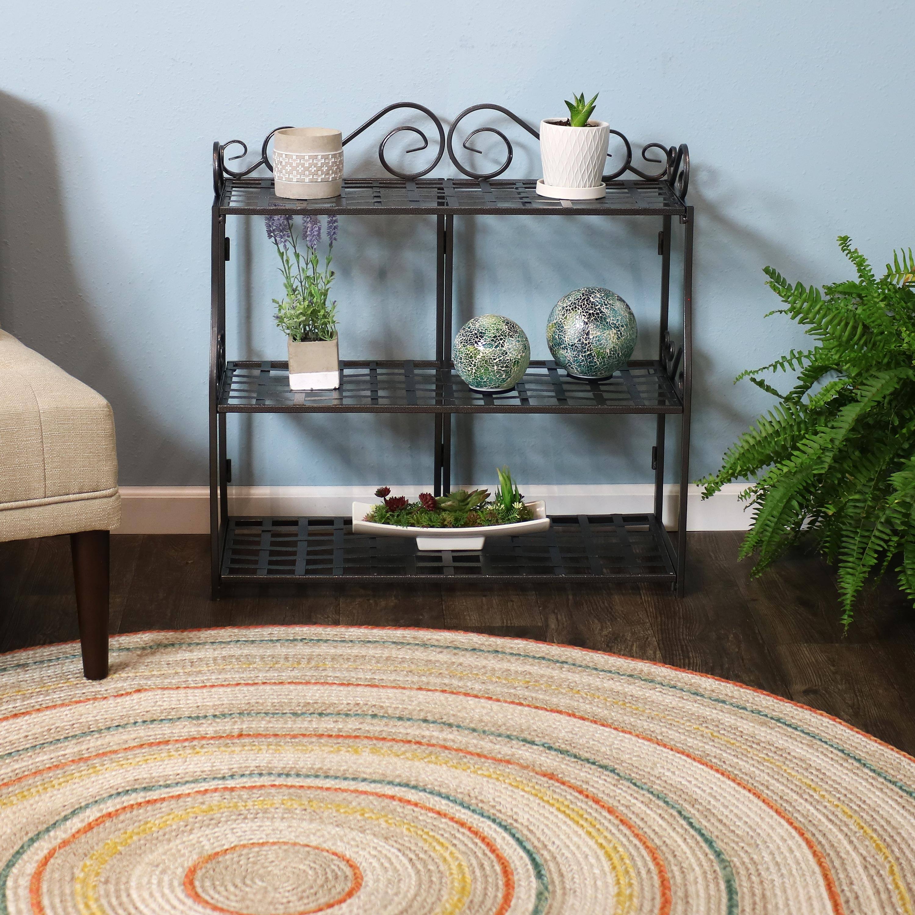 Alt View 4. Sunnydaze - Iron 3-Tier Plant Stand Shelf with Scroll Edging - 30 in - Silver.