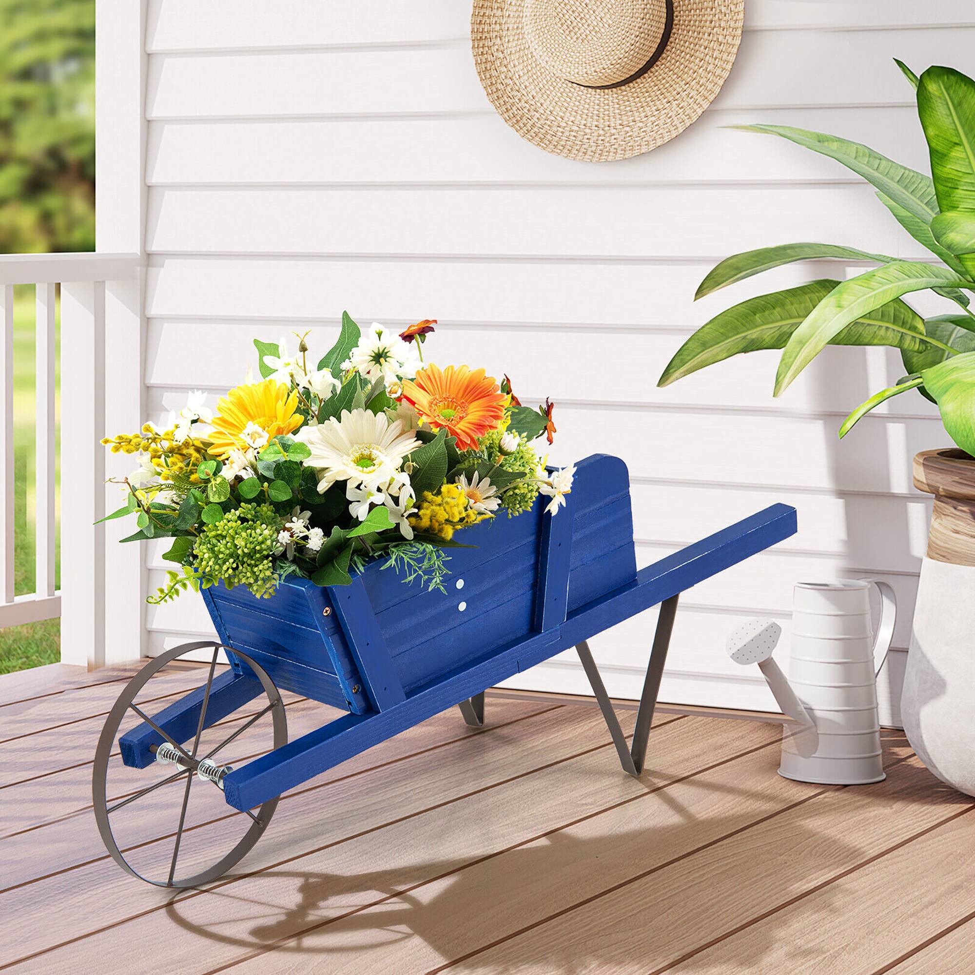 Alt View 3. Gymax - Gymax Wooden Wagon Planter Decorative Indoor/Outdoor Rustic Flower Cart w/Wheel Blue - Blue.