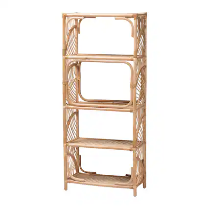 Front. bali & pari - Baara Natural Rattan 4-Tier Display Shelf - Handcrafted Bookcase with Openwork Side Panels, Boho Coastal Design - Natural.