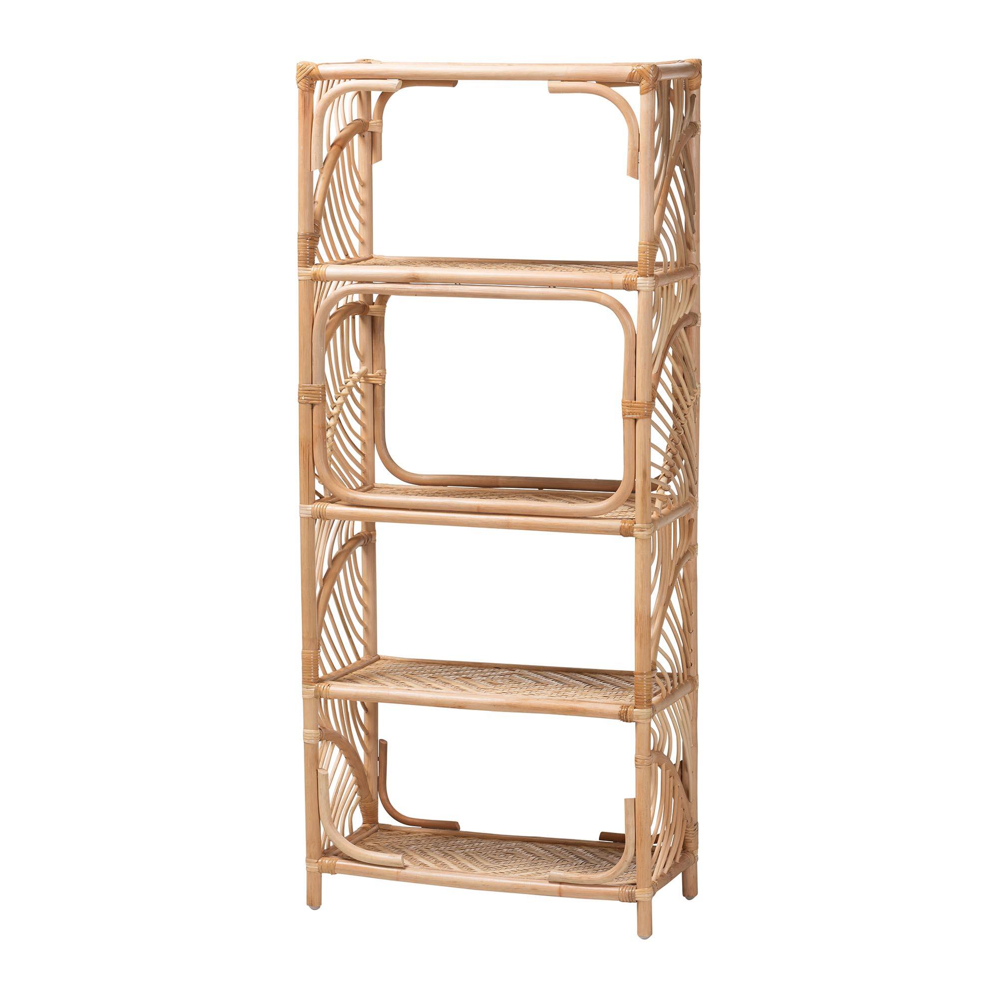 Front. bali & pari - Baara Natural Rattan 4-Tier Display Shelf - Handcrafted Bookcase with Openwork Side Panels, Boho Coastal Design - Natural.