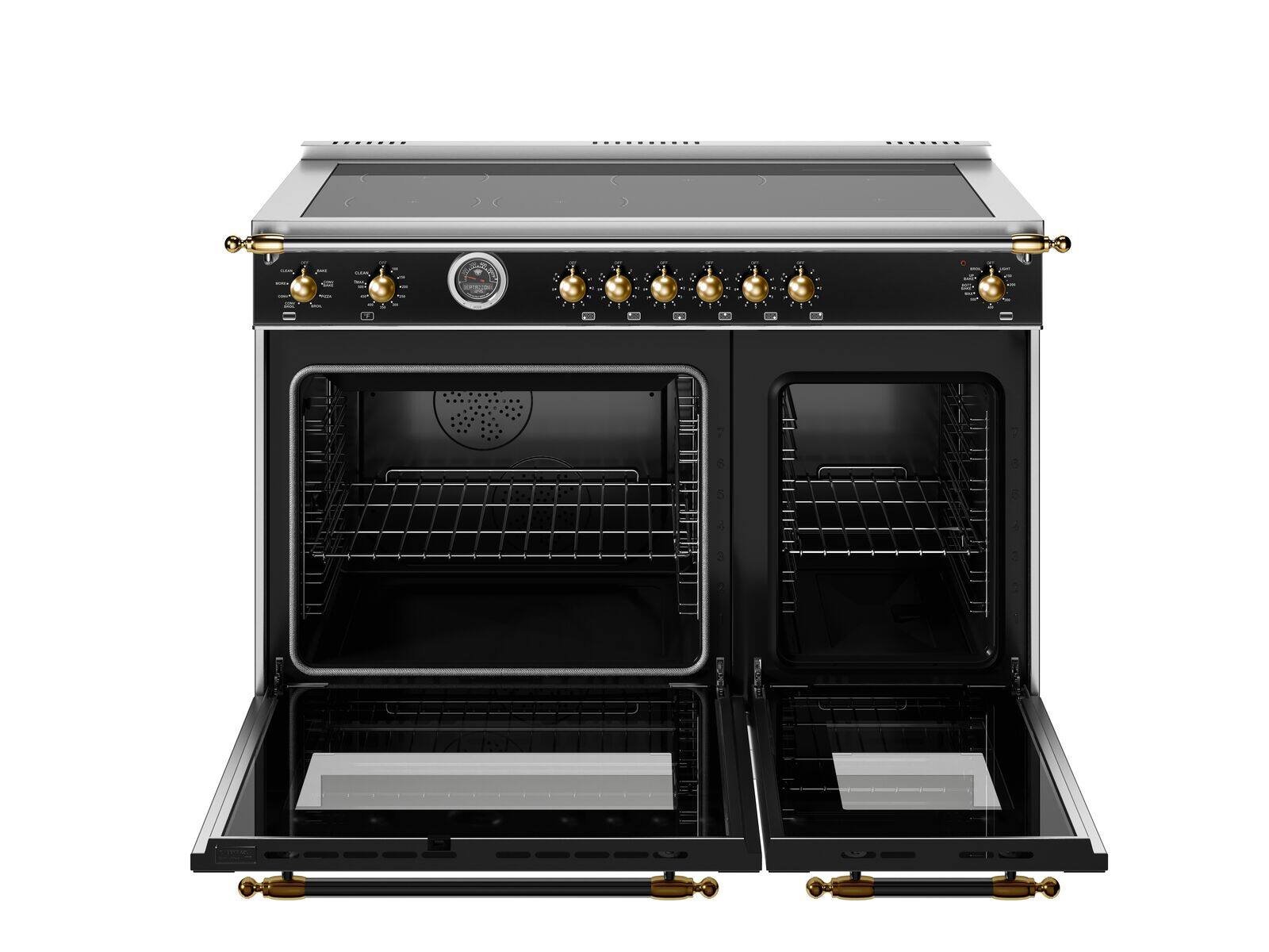 Left. Bertazzoni - 48" Heritage Series Induction Range - Nero Matt/Gold - Black.
