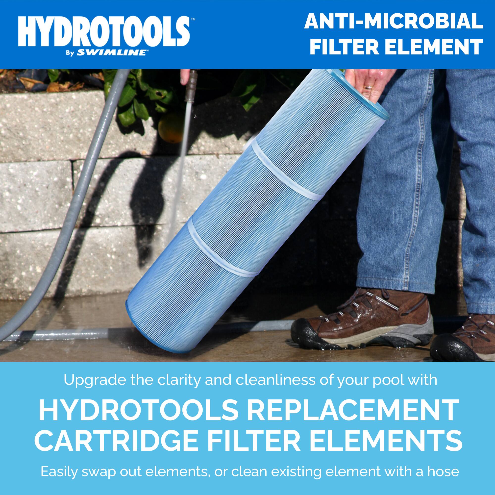 HYDROTOOLS  
By SWIMLINE™

ANTI-MICROBIAL FILTER ELEMENT

Upgrade the clarity and cleanliness of your pool with  
HYDROTOOLS REPLACEMENT CARTRIDGE FILTER ELEMENTS

Easily swap out elements, or clean existing element with a hose